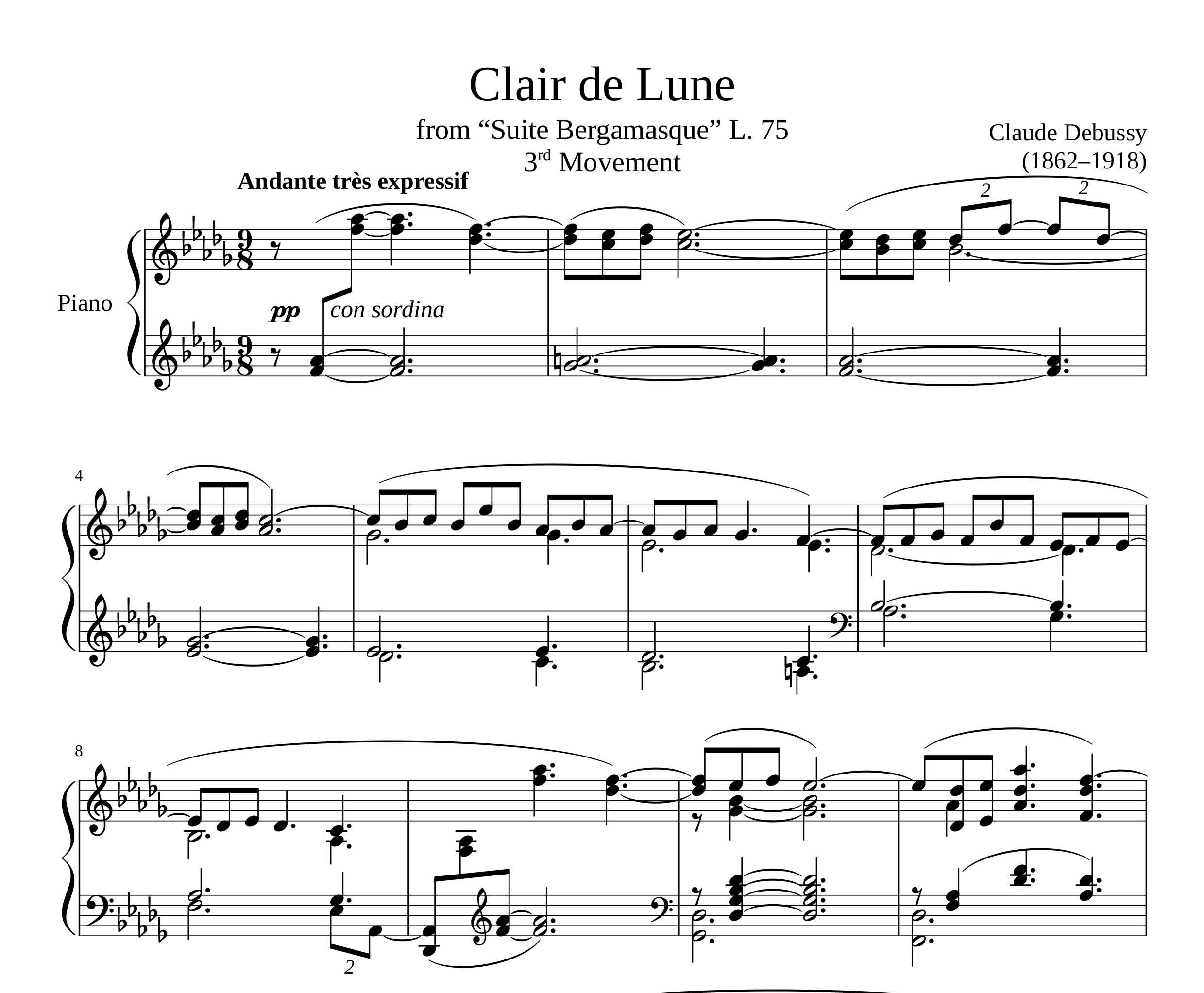 نت آهنگ  Clair de Lune از Claude Debussy  برای پیانو