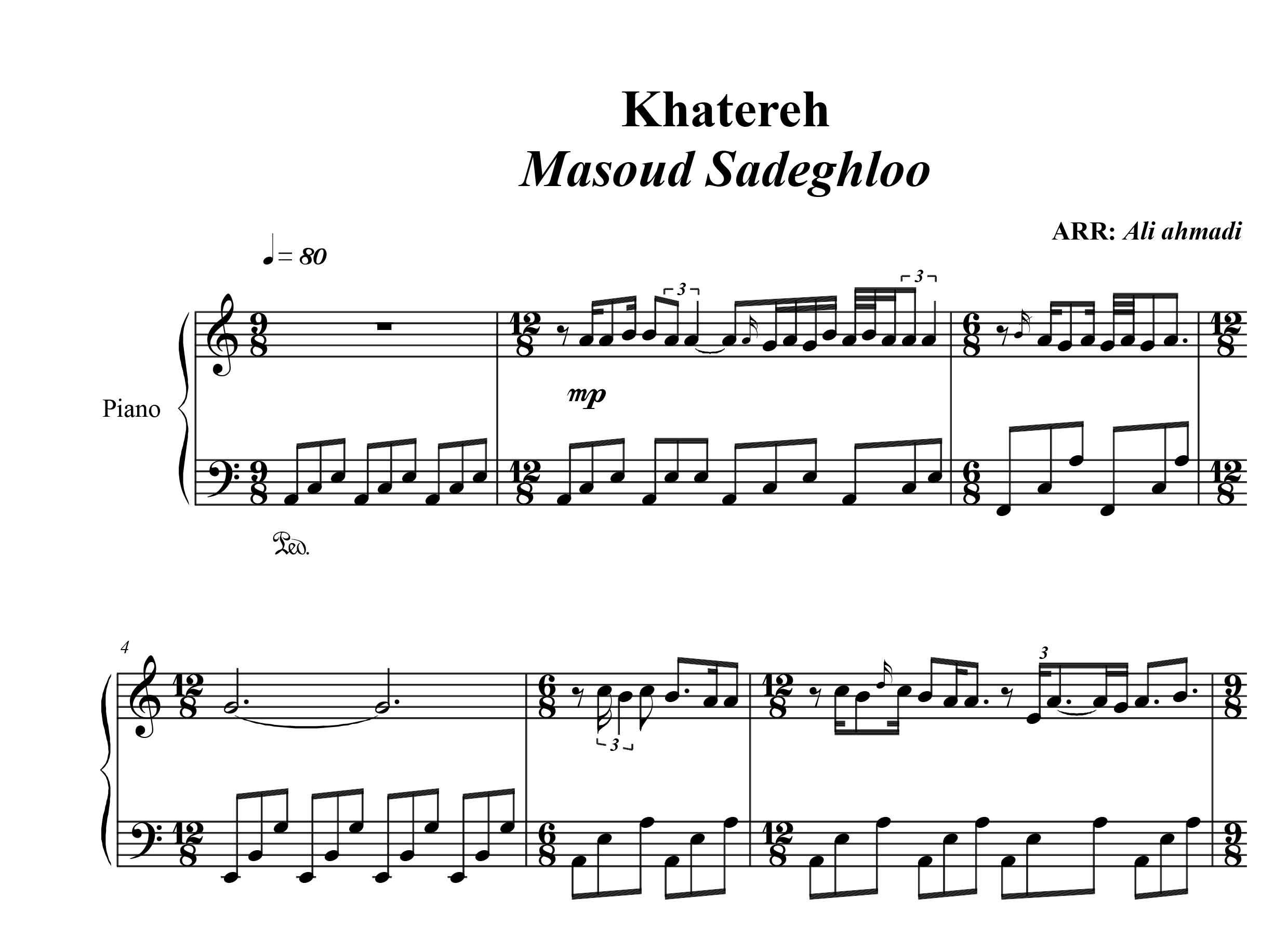 نت پیانوی آهنگ خاطره از مسعود صادقلو