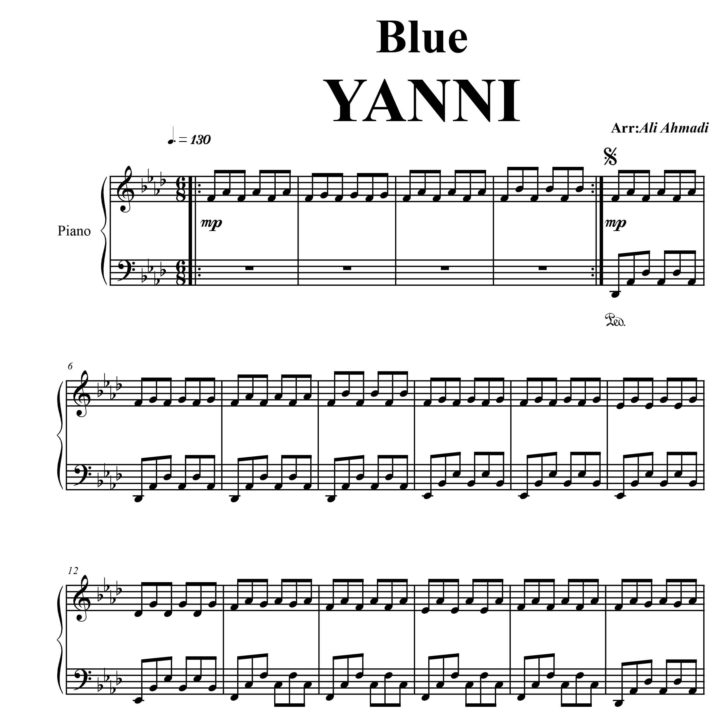 نت پیانوی آهنگ blue از yanni