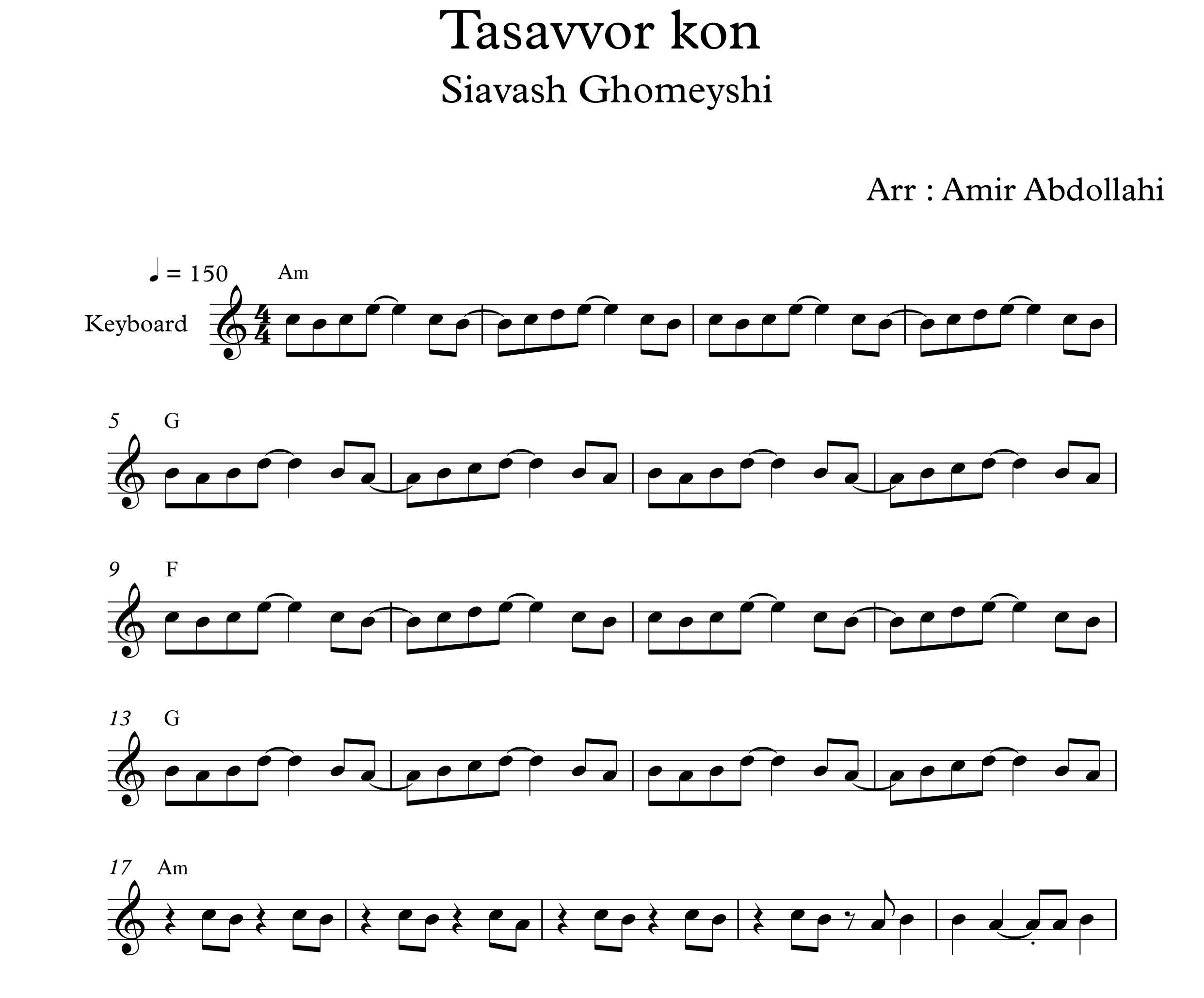 نت کیبورد آهنگ تصور کن از سیاوش قمیشی