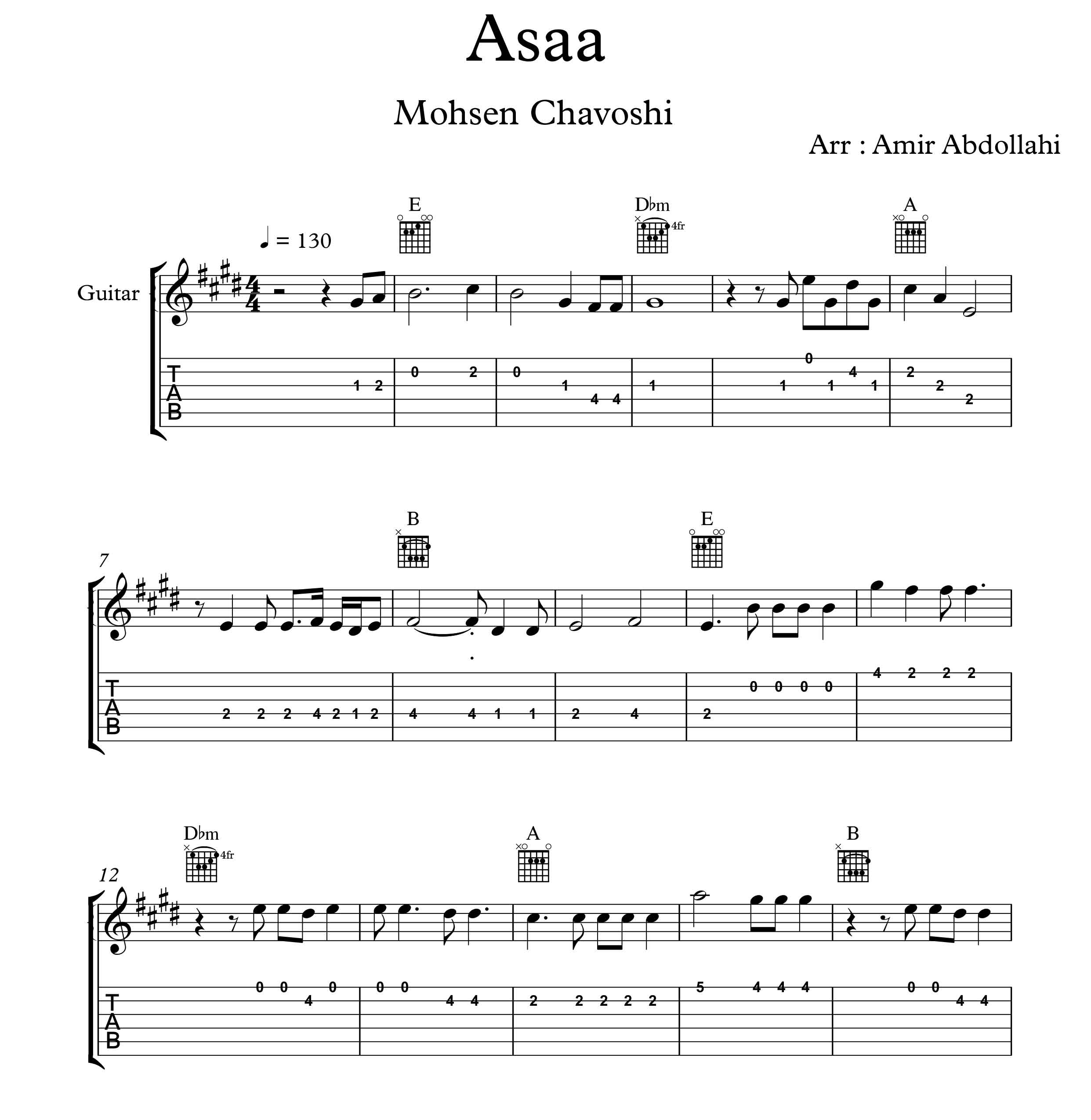 نت و تبلچر آهنگ عصا از محسن چاوشی برای گیتار