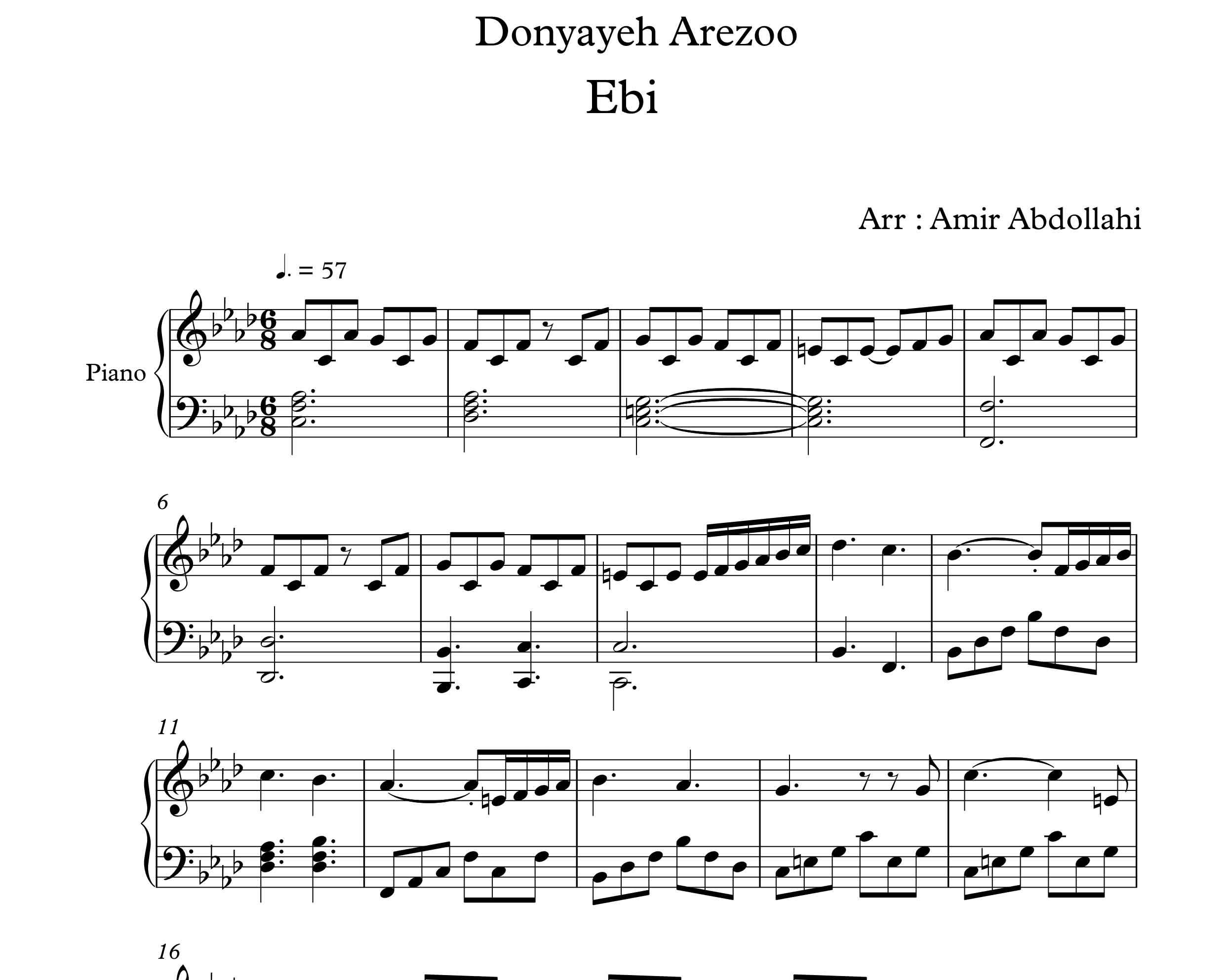 نت پیانو آهنگ دنیای آرزو از ابی