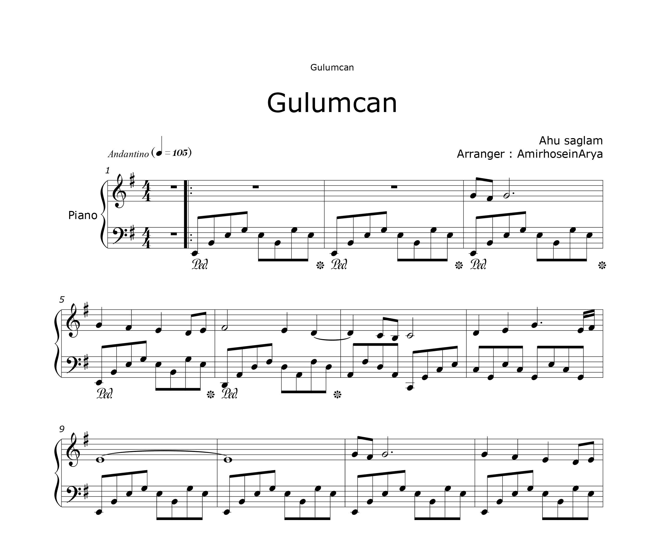نت پیانوی Gulumcan از ahu saglam