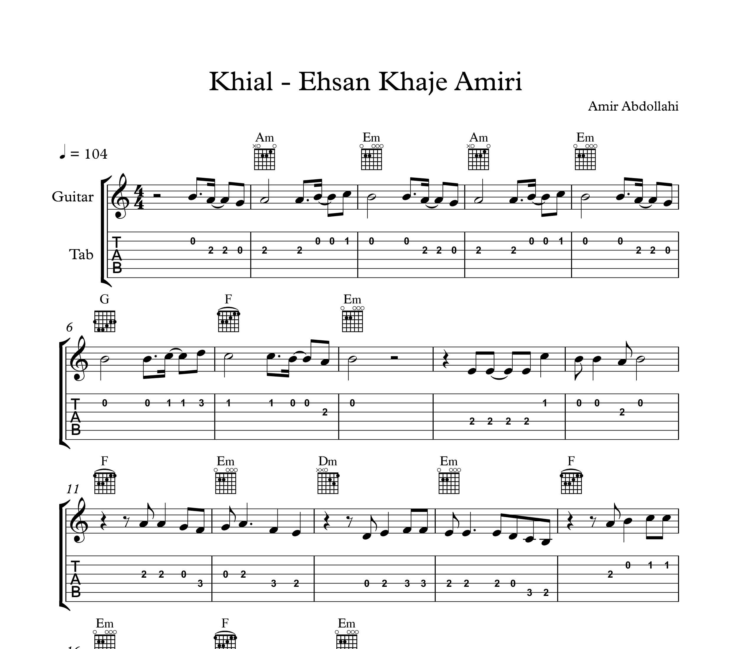 نت گیتار آهنگ خیال از احسان خواجه امیری به همراه آکورد  و تبلچر
