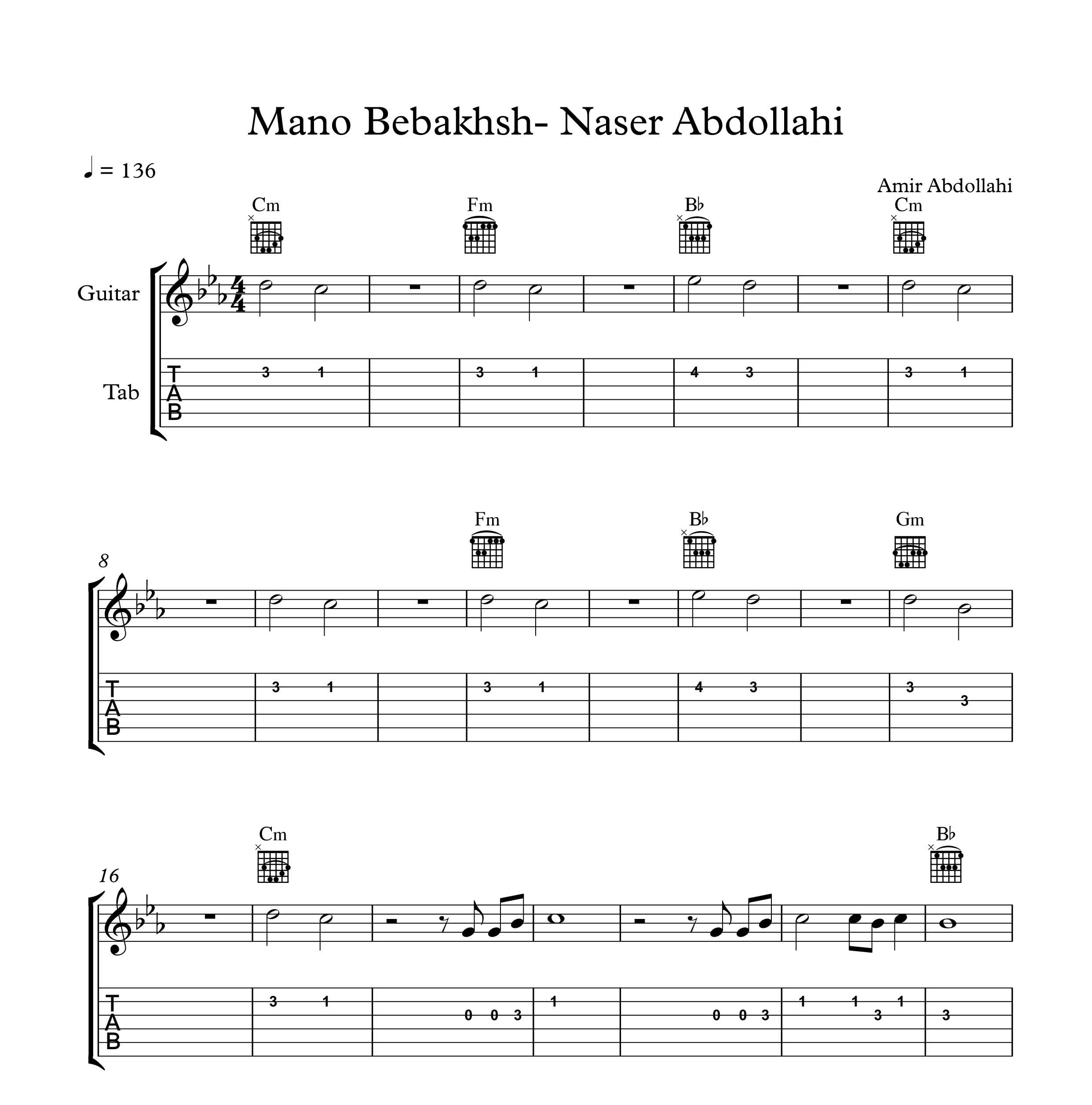 نت و تبلچرآهنگ منو ببخش از ناصر عبداللهی برای گیتار به همراه آکورد