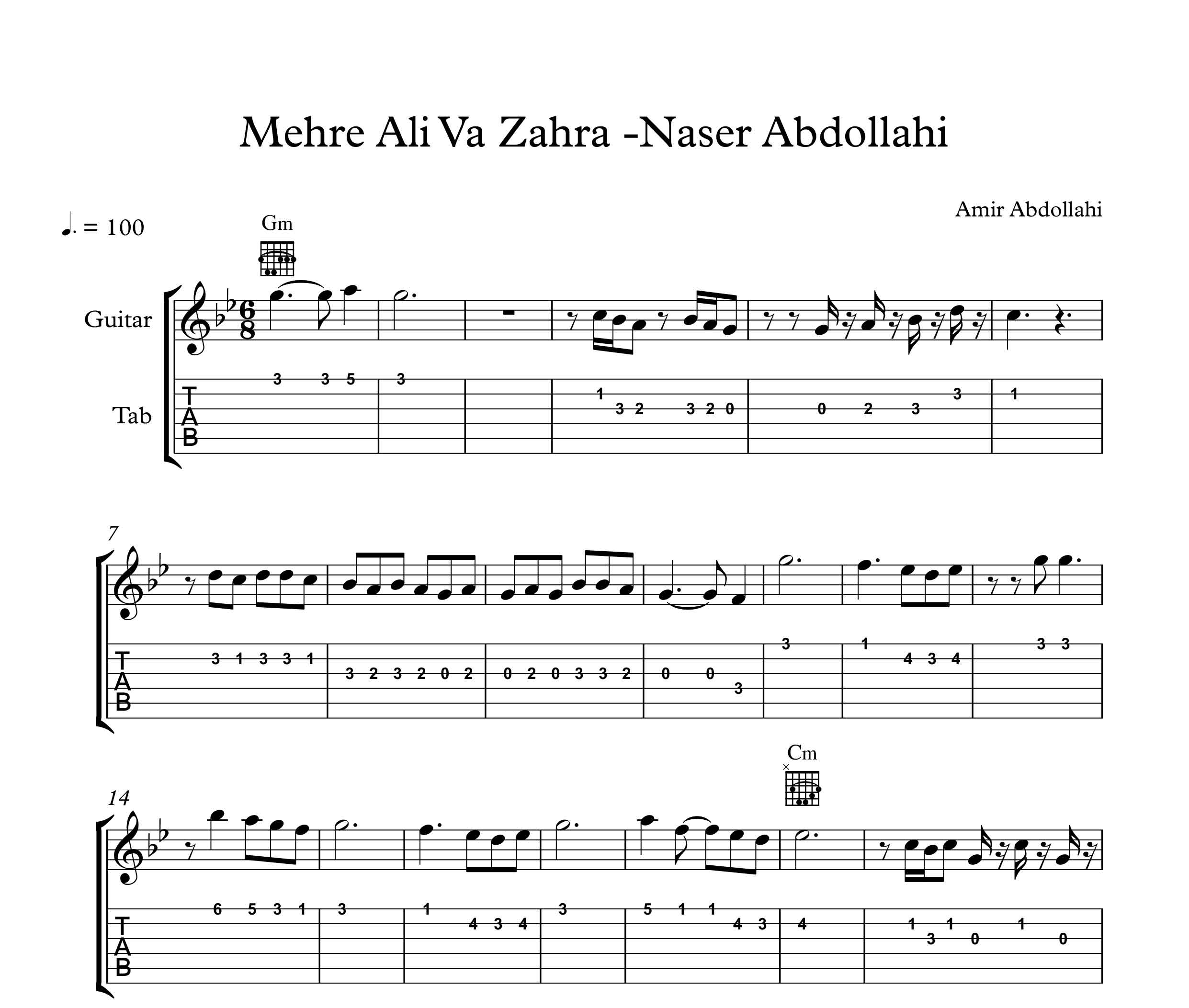 نت گیتار آهنگ مهر علی و زهرا از ناصر عبداللهی به همراه آکورد و تبلچر