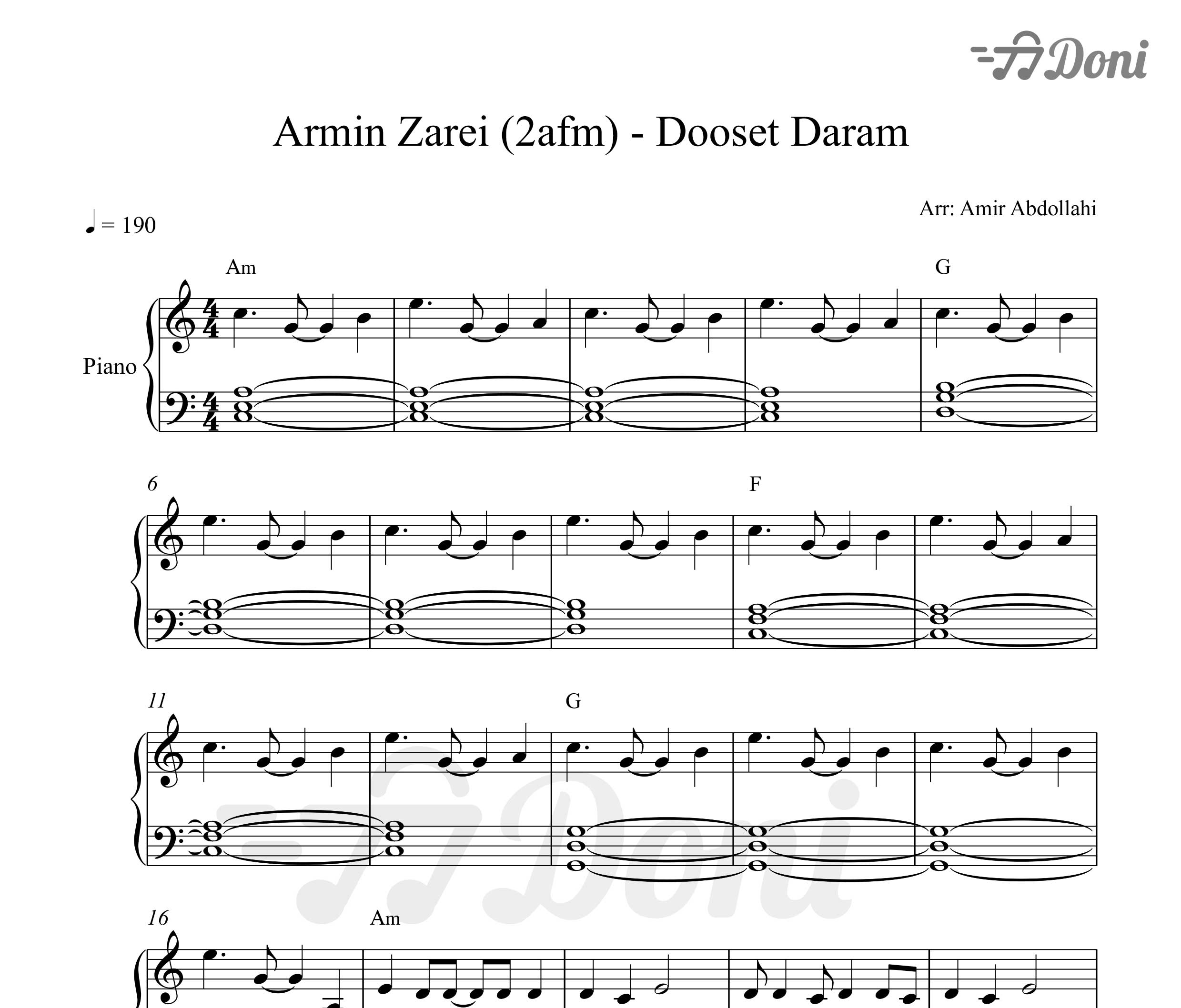 نت پیانو دوست دارم از آرمین زارعی