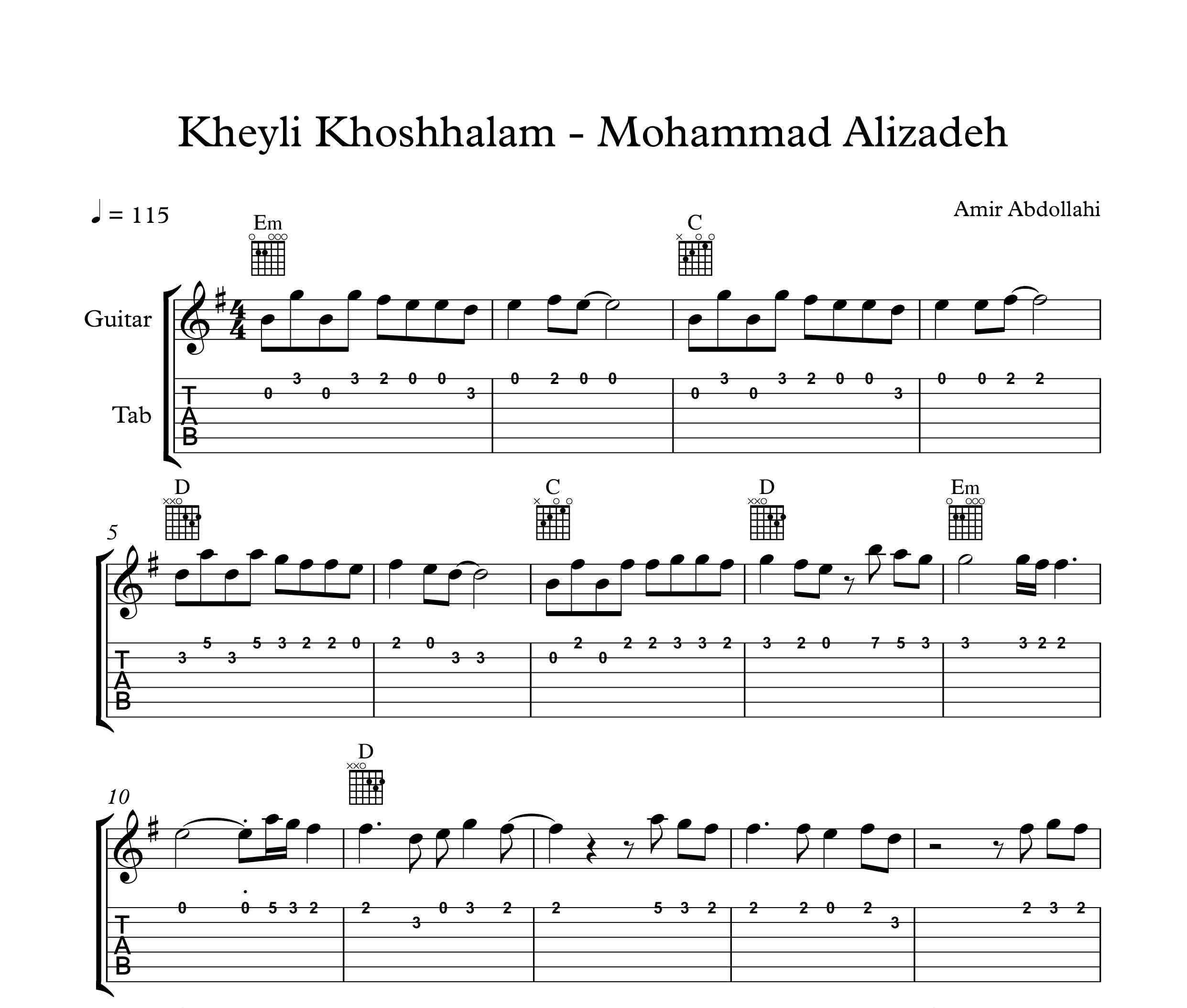 نت گیتار آهنگ خیلی خوشحالم از محمد علیزاده به همراه آکورد و تبلچر