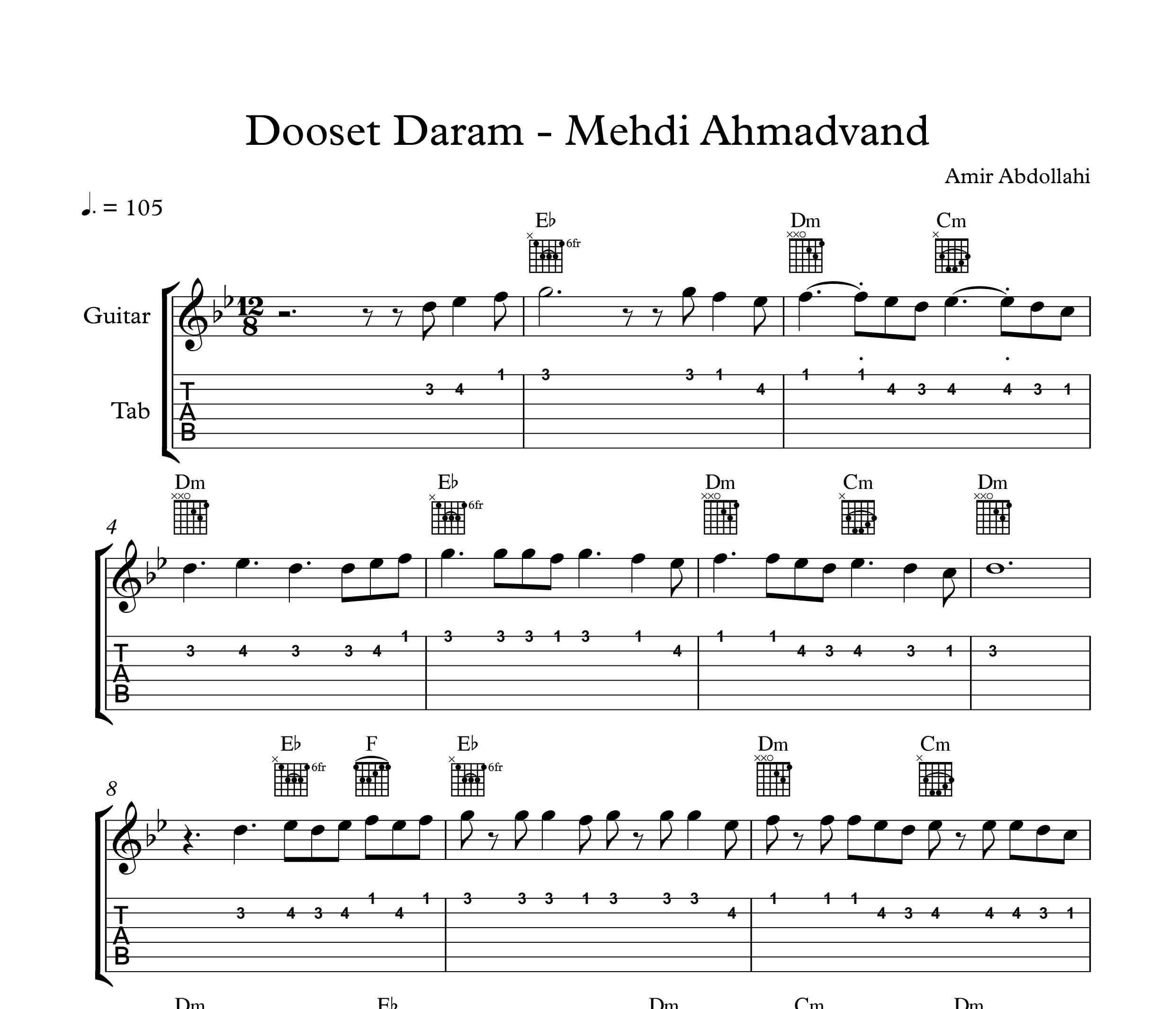نت گیتار آهنگ دوست دارم از مهدی احمدوند به همراه آکورد و تبلچر
