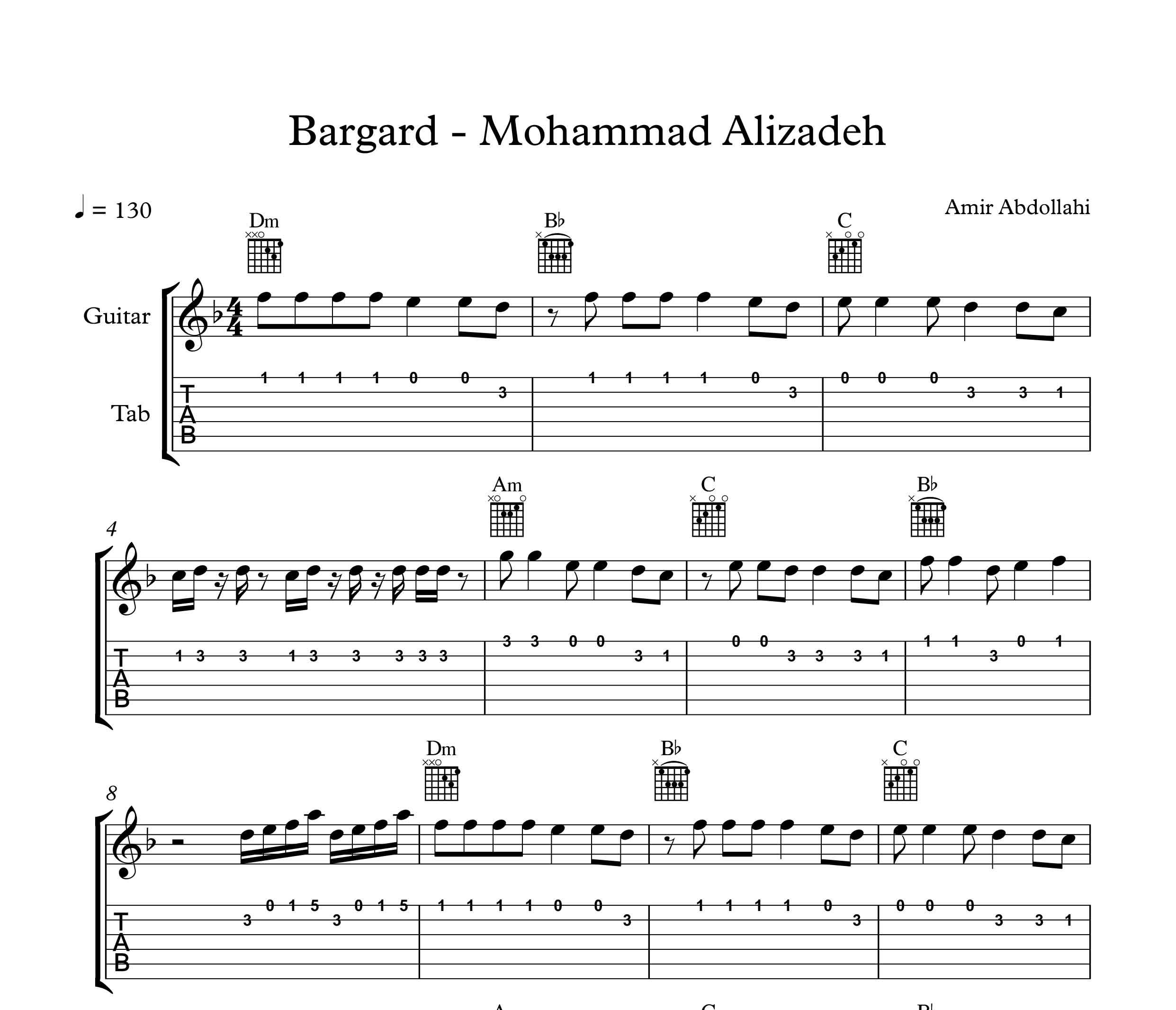 نت گیتار آهنگ برگرد از محمد علیزاده به همراه آکورد و تبلچر