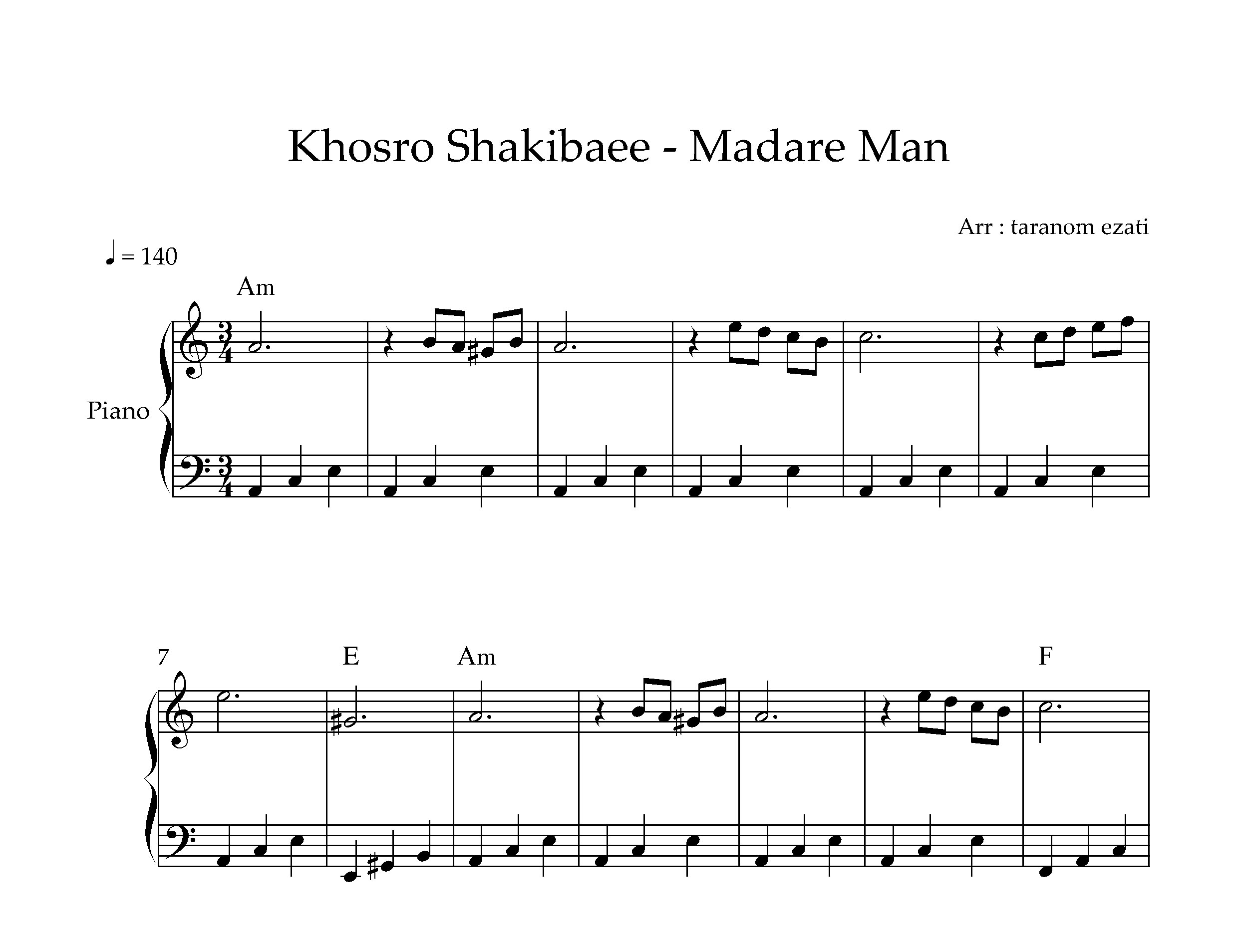 نت پیانوی اهنگ مادر