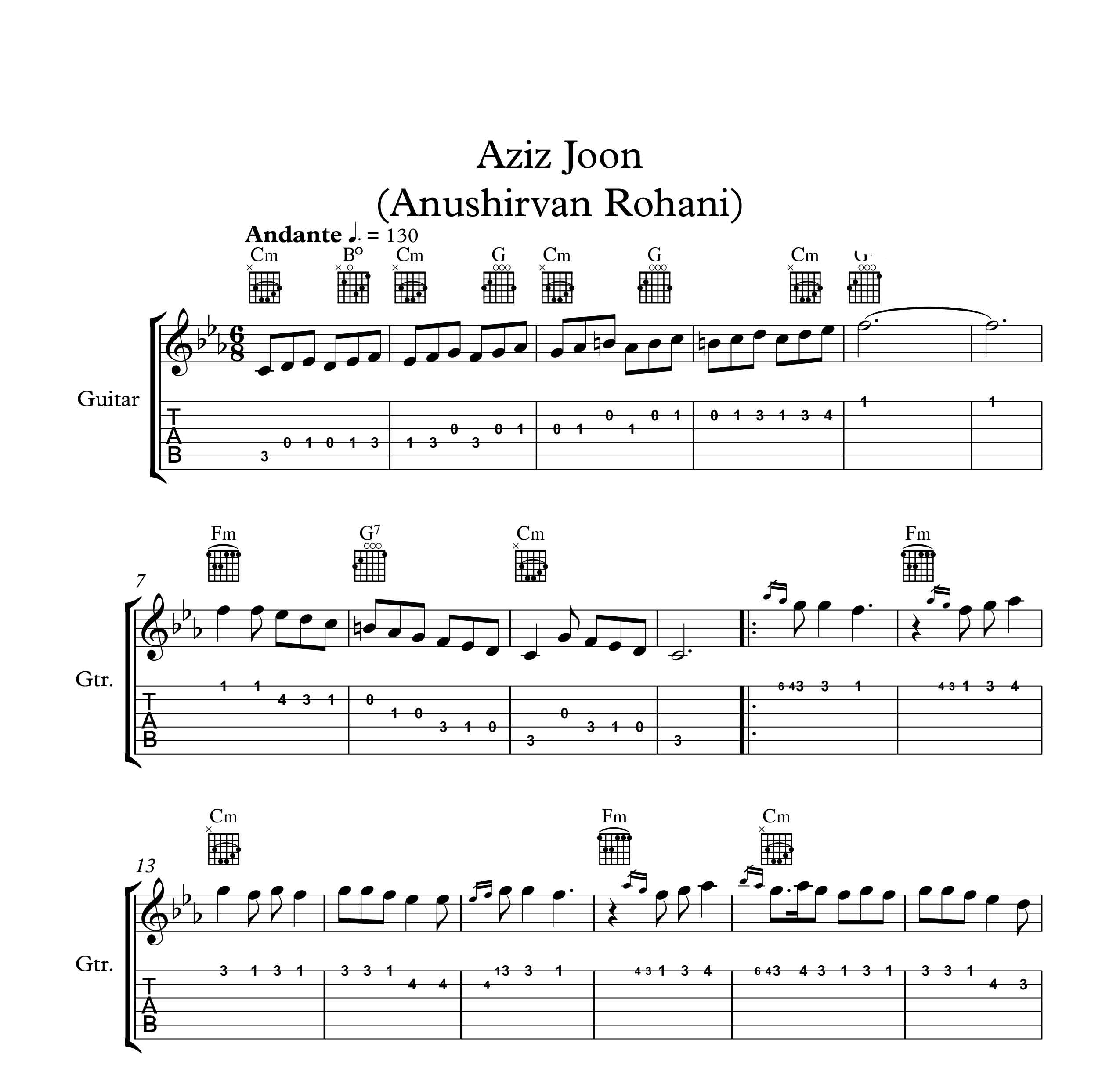 نت گیتار عزیز جون انوشیروان روحانی به همراه تبلچر و آکورد