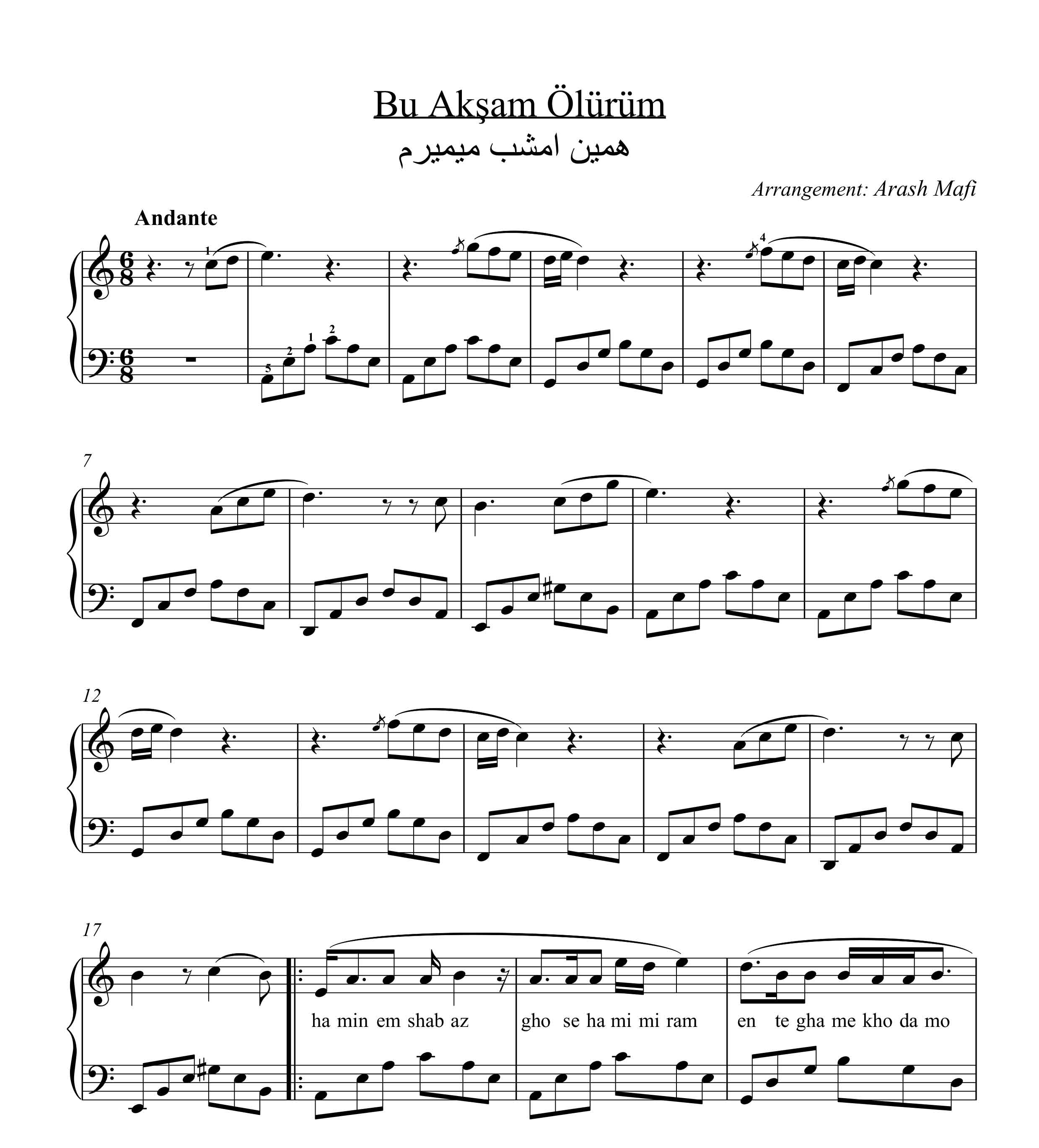 نت پیانو همین امشب میمیرم نسخه فارسی Bu Aksam Ölürüm