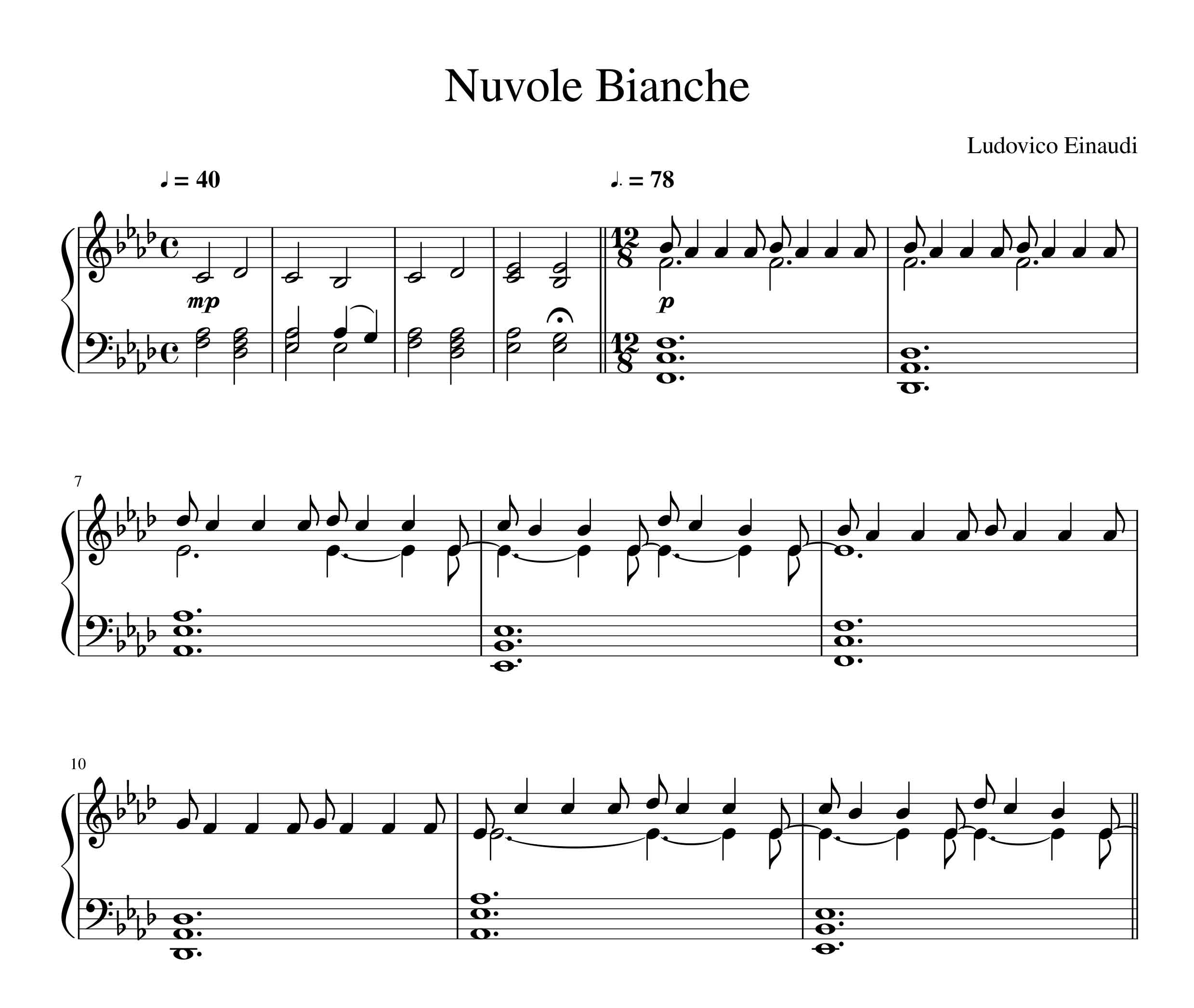 نت پیانوی قطعه Nuvole Bianche