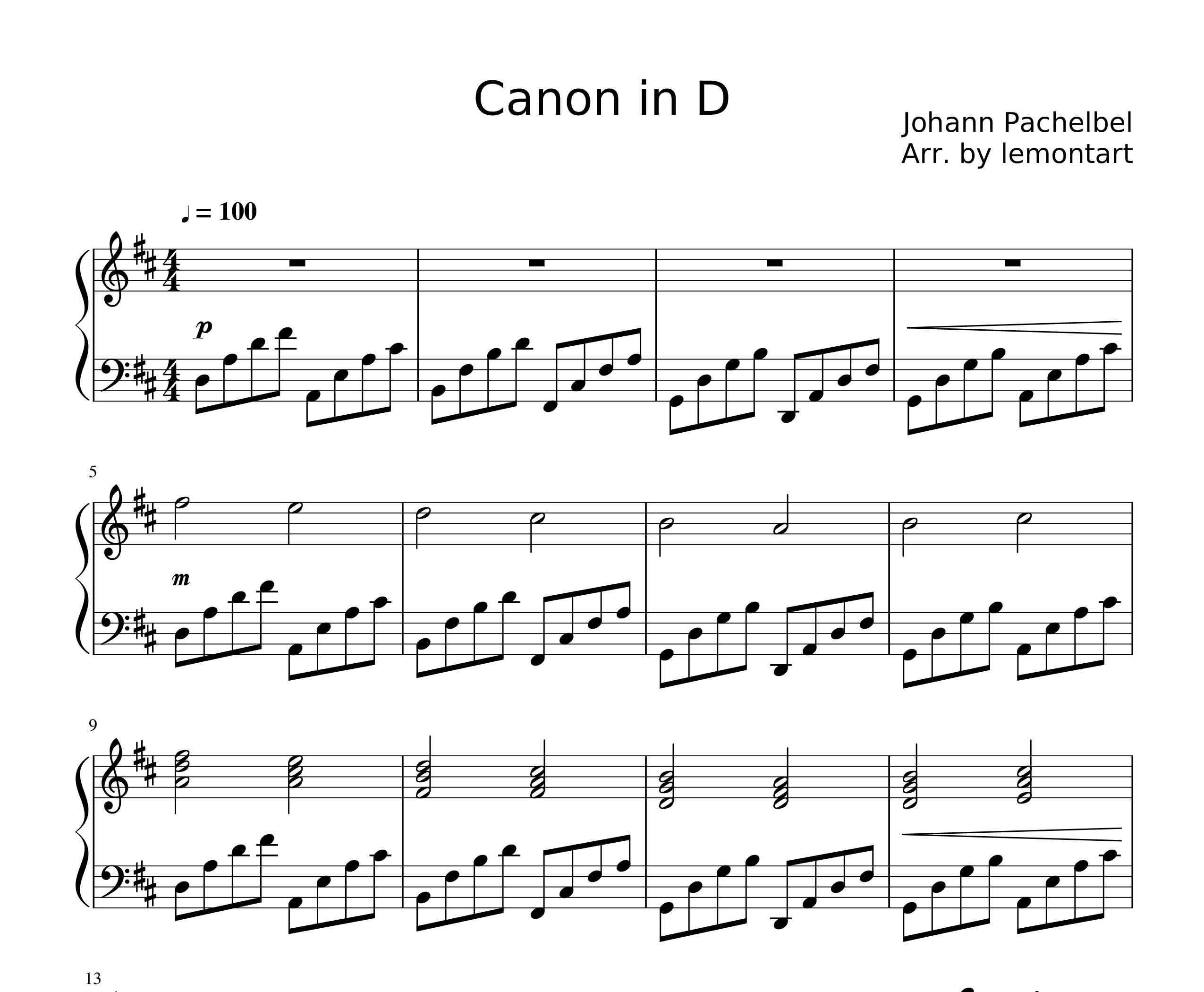 نت پیانو آهنگ canon in d major از pachelbel
