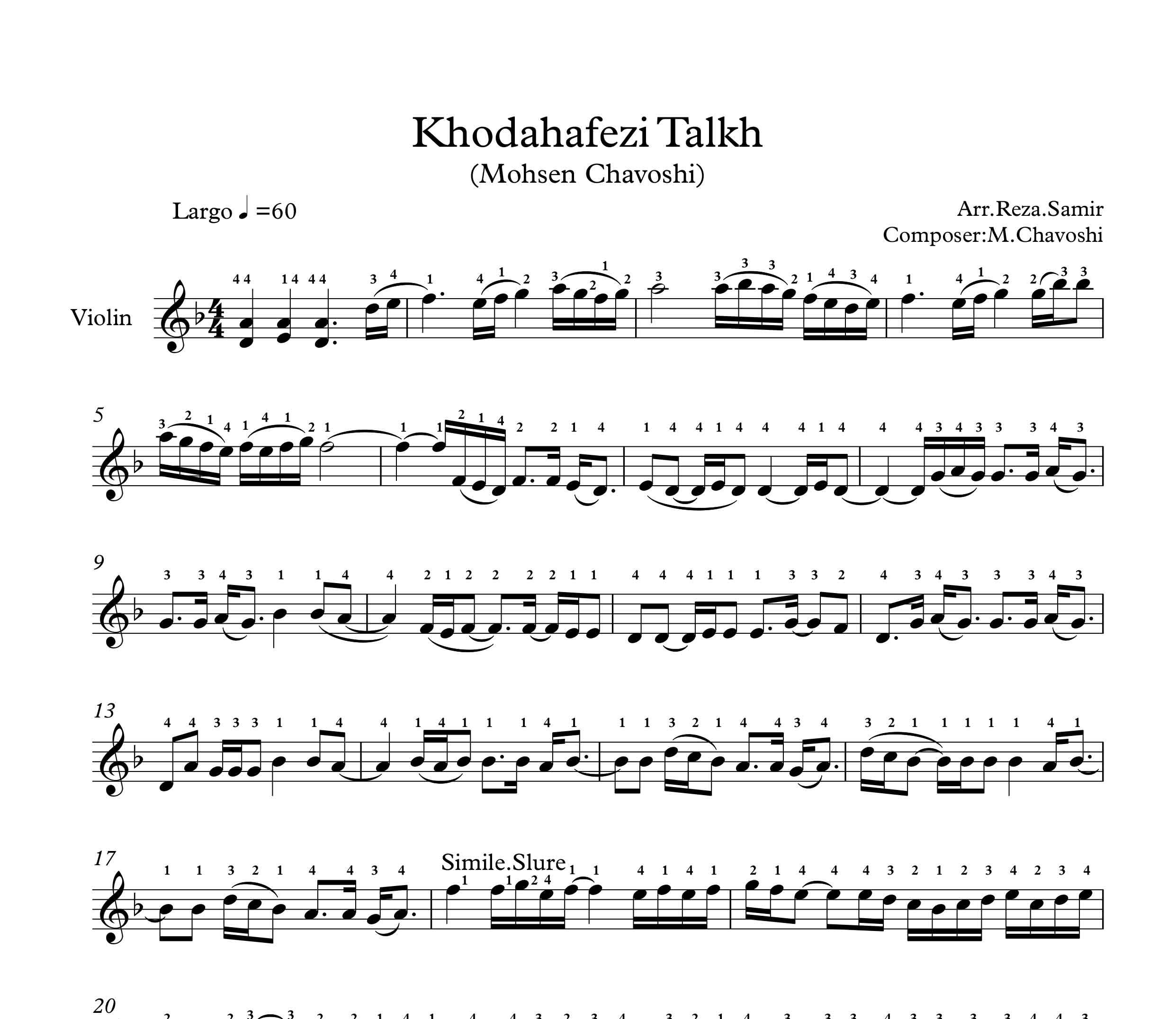 نت ویولن آهنگ خداحافظی تلخ از محسن چاوشی