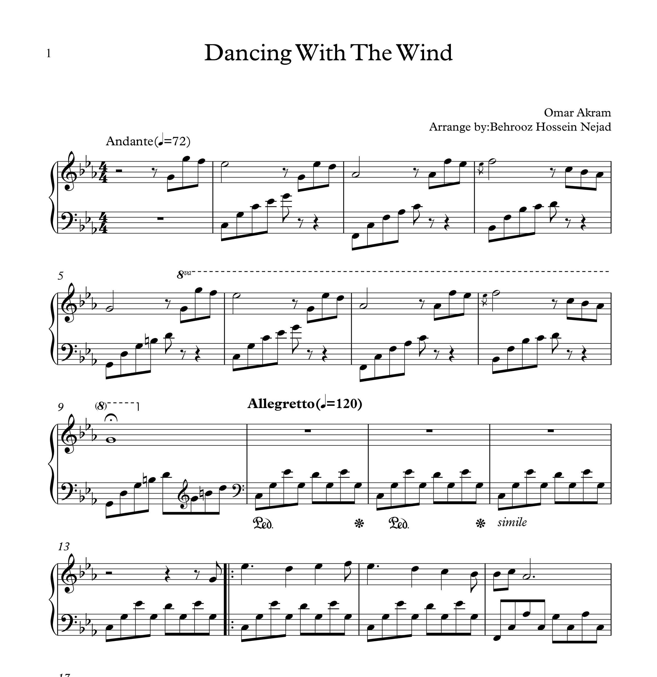نت پیانوی  Dancing with the wind