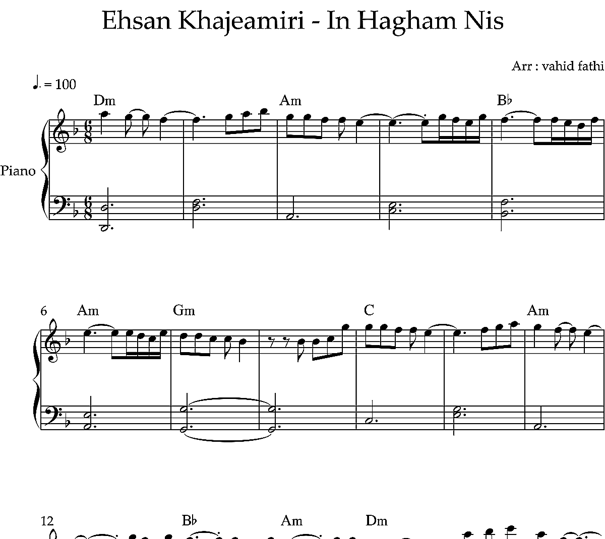 نت پیانو آهنگ این حقم نیست از احسان خواجه امیری