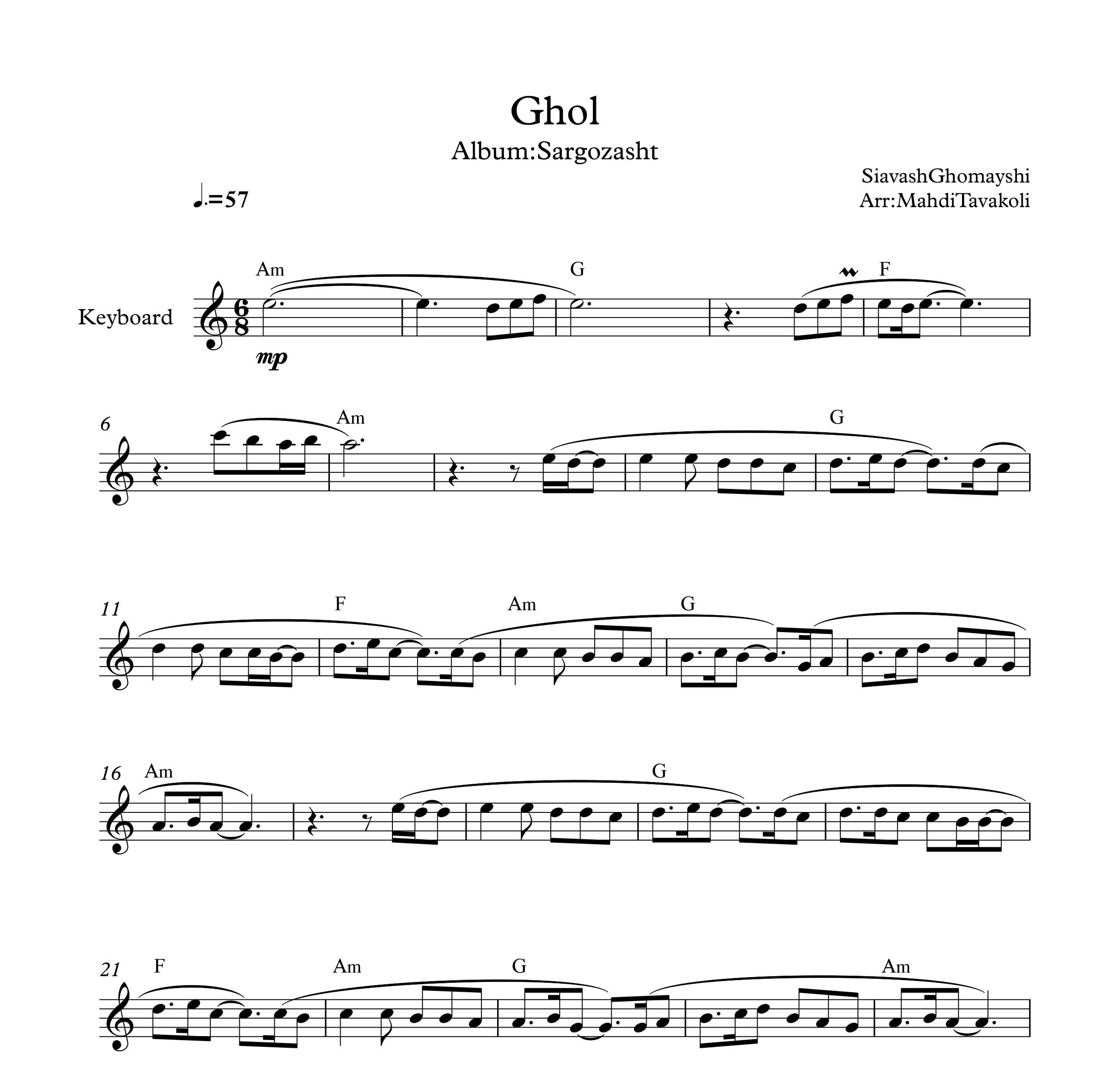 نت کیبورد آهنگ قول از سیاوش قمیشی