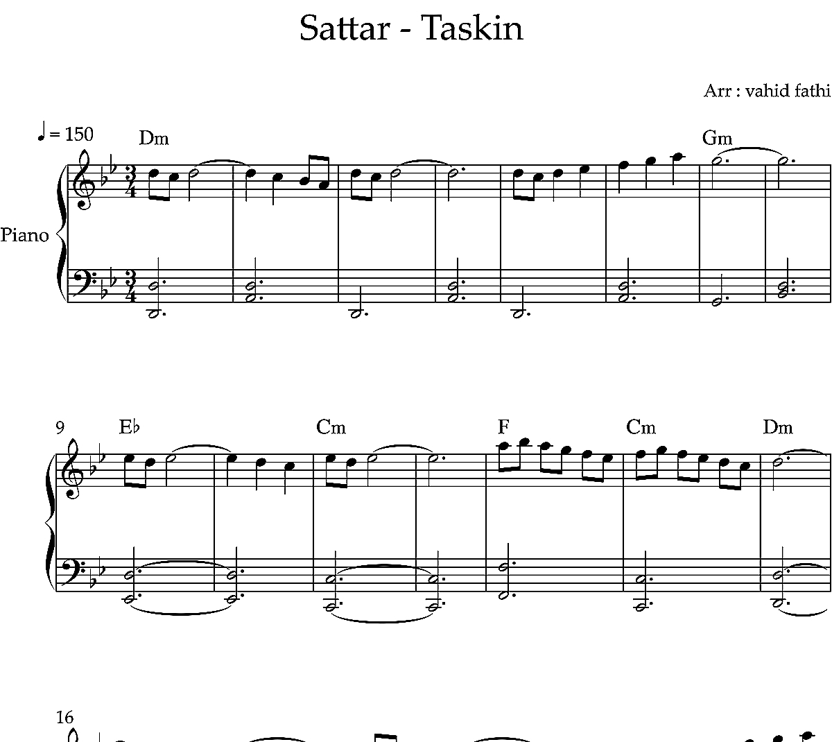 نت پیانو آهنگ تسکین از ستار