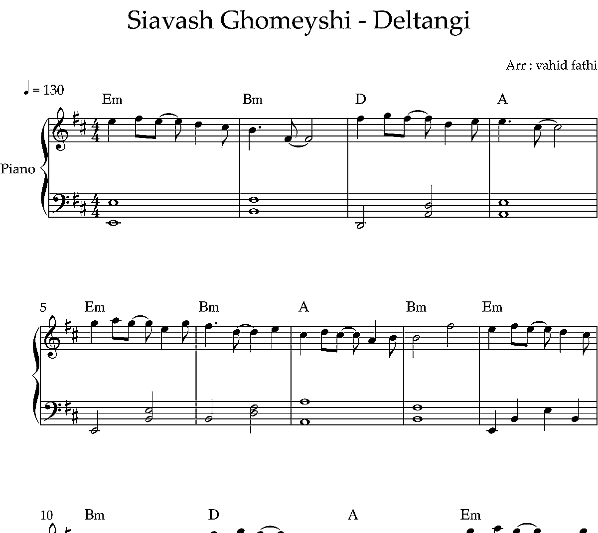 نت پیانو آهنگ دلتنگی آلبوم رگبار از سیاوش قمیشی به همراه آکورد