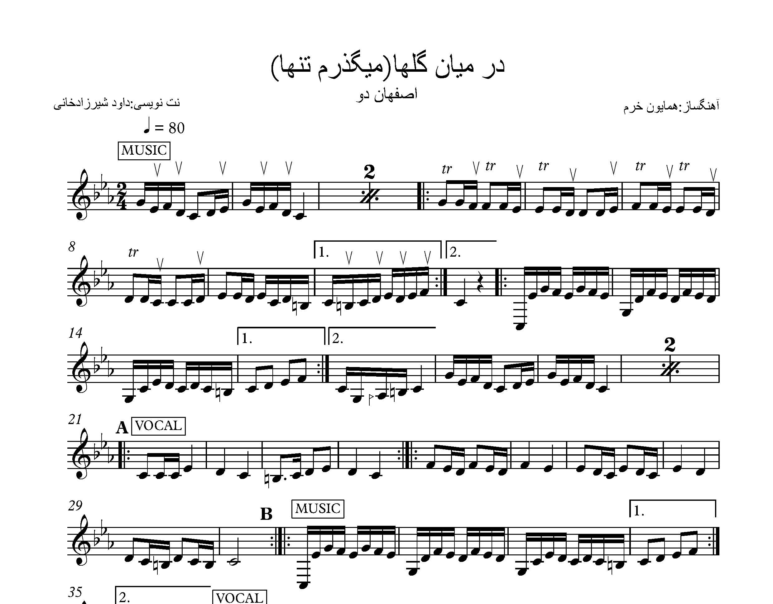 نت تار و سه تار آهنگ میگذرم تنها در میان گلها