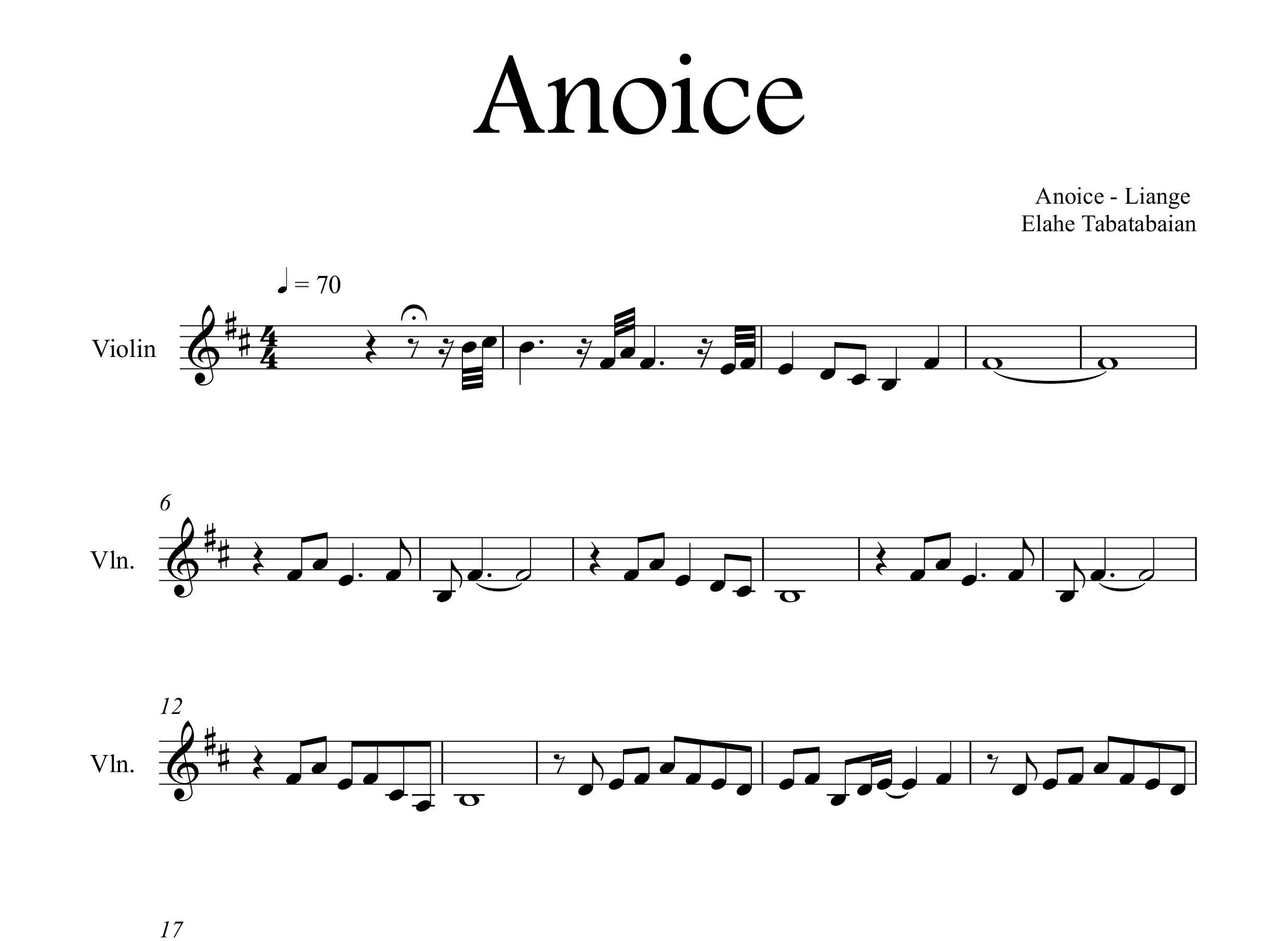 نت آهنگ Liange از Anoice برای ویولن