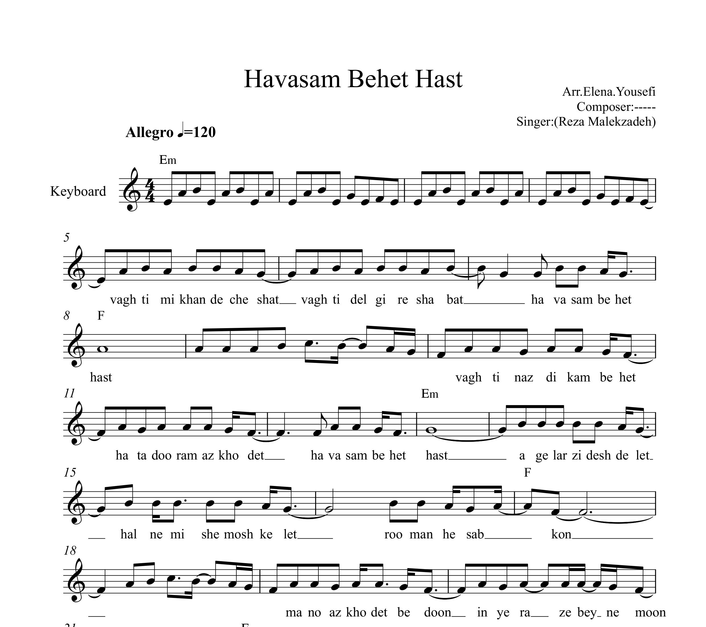 نت کیبورد حواسم بهت هست رضا ملک زاده به همراه آکورد