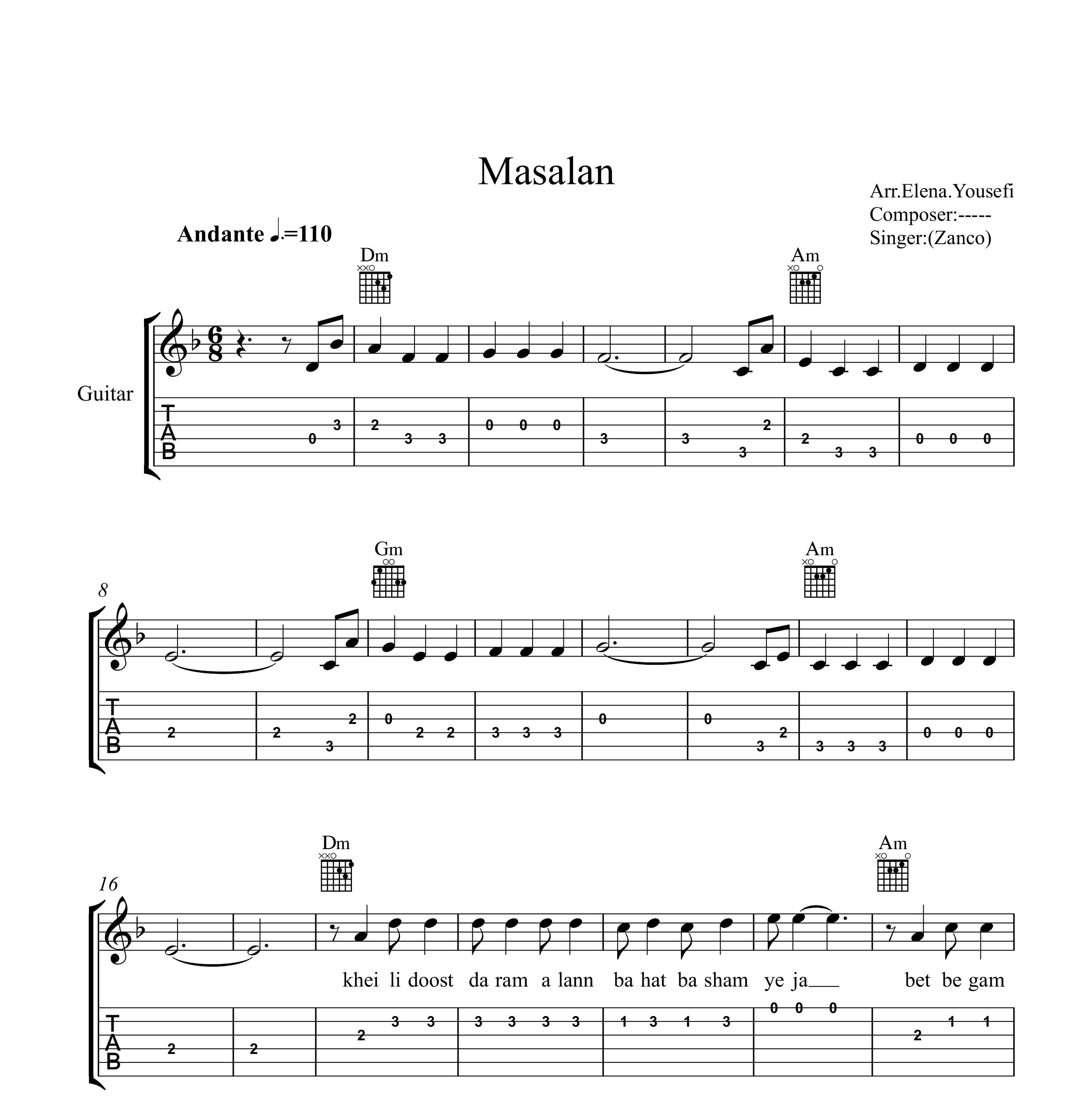 نت گیتار مثلا زانکو به همراه تبلچر و آکورد