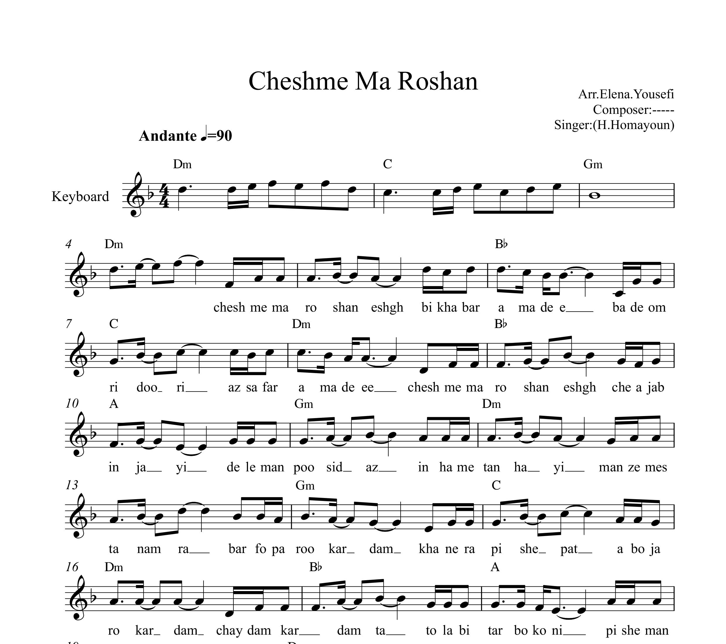 نت کیبورد چشم ما روشن حامد همایون به همراه آکورد