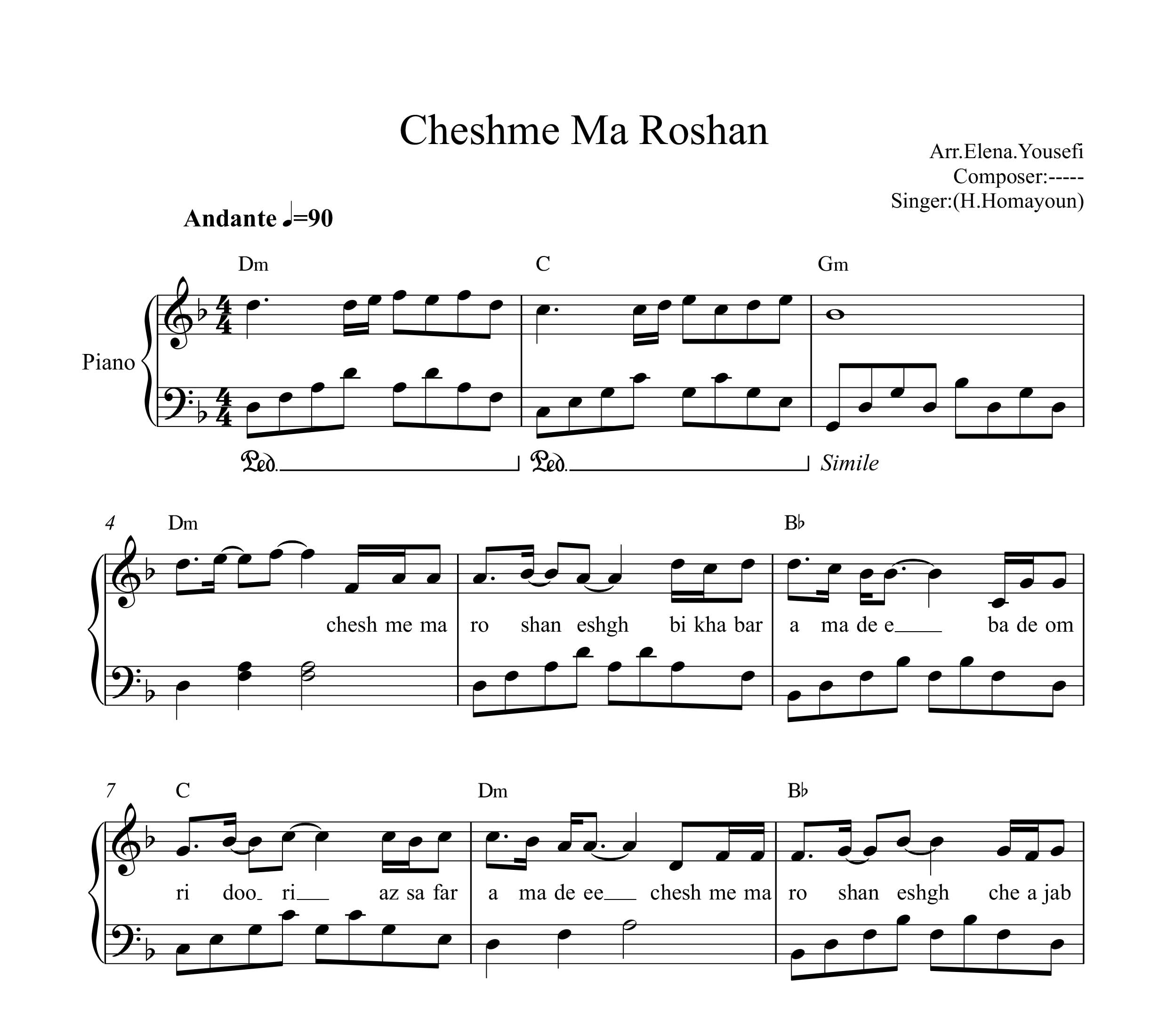 نت پیانو چشم ما روشن حامد همایون