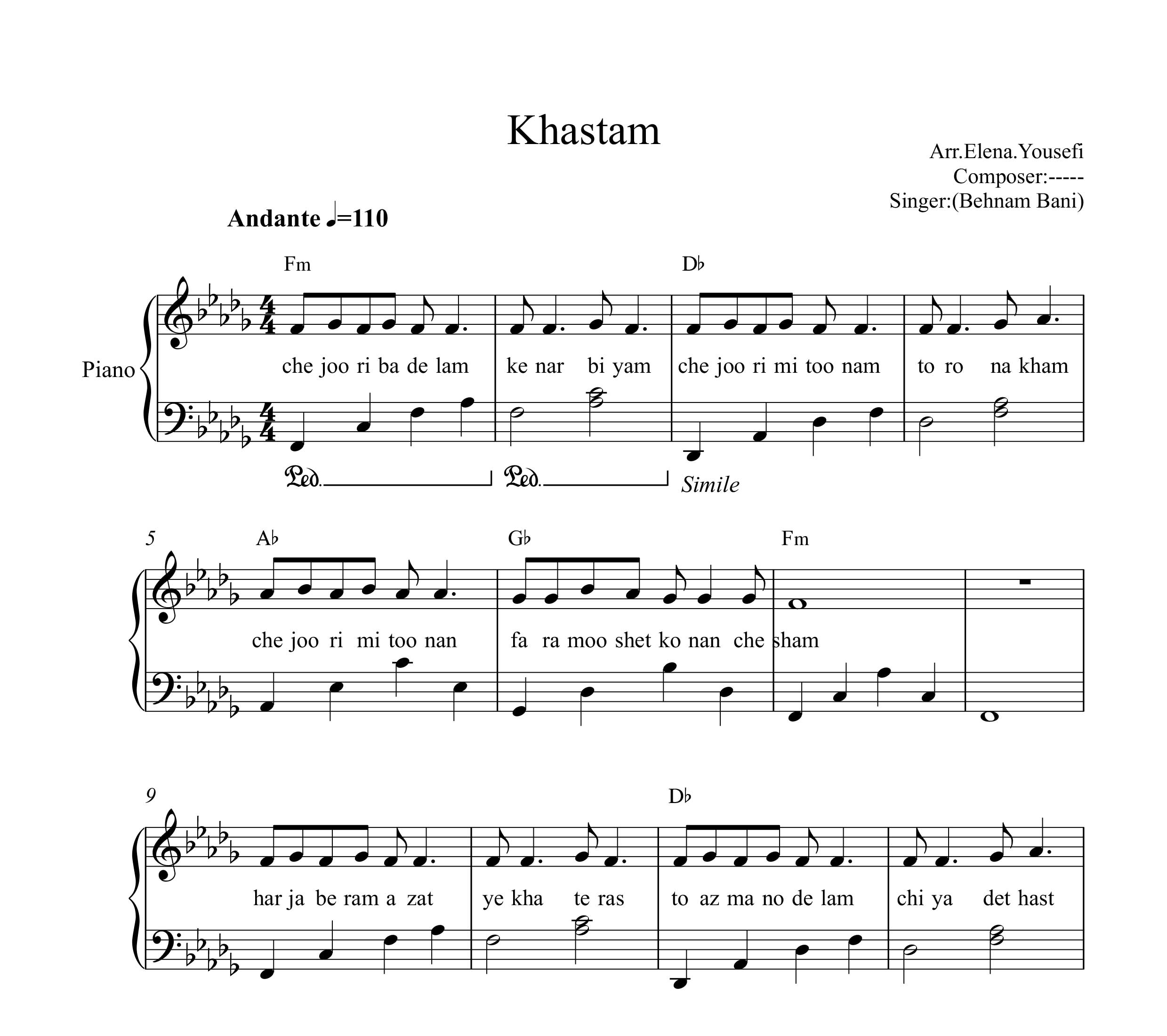 نت پیانو خستم بهنام بانی