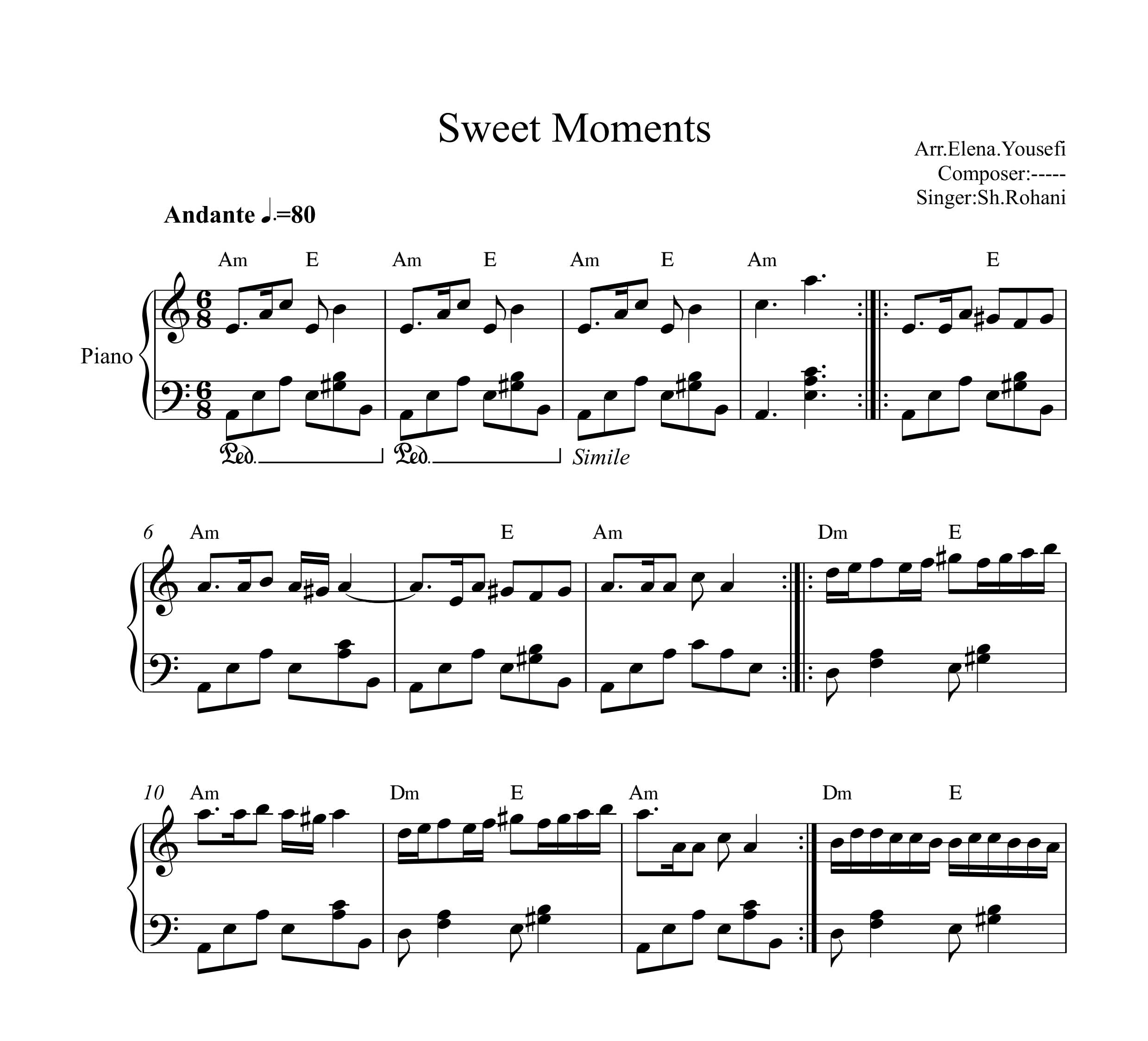 نت پیانو لحظات شیرین Sweet Moments شهرداد روحانی