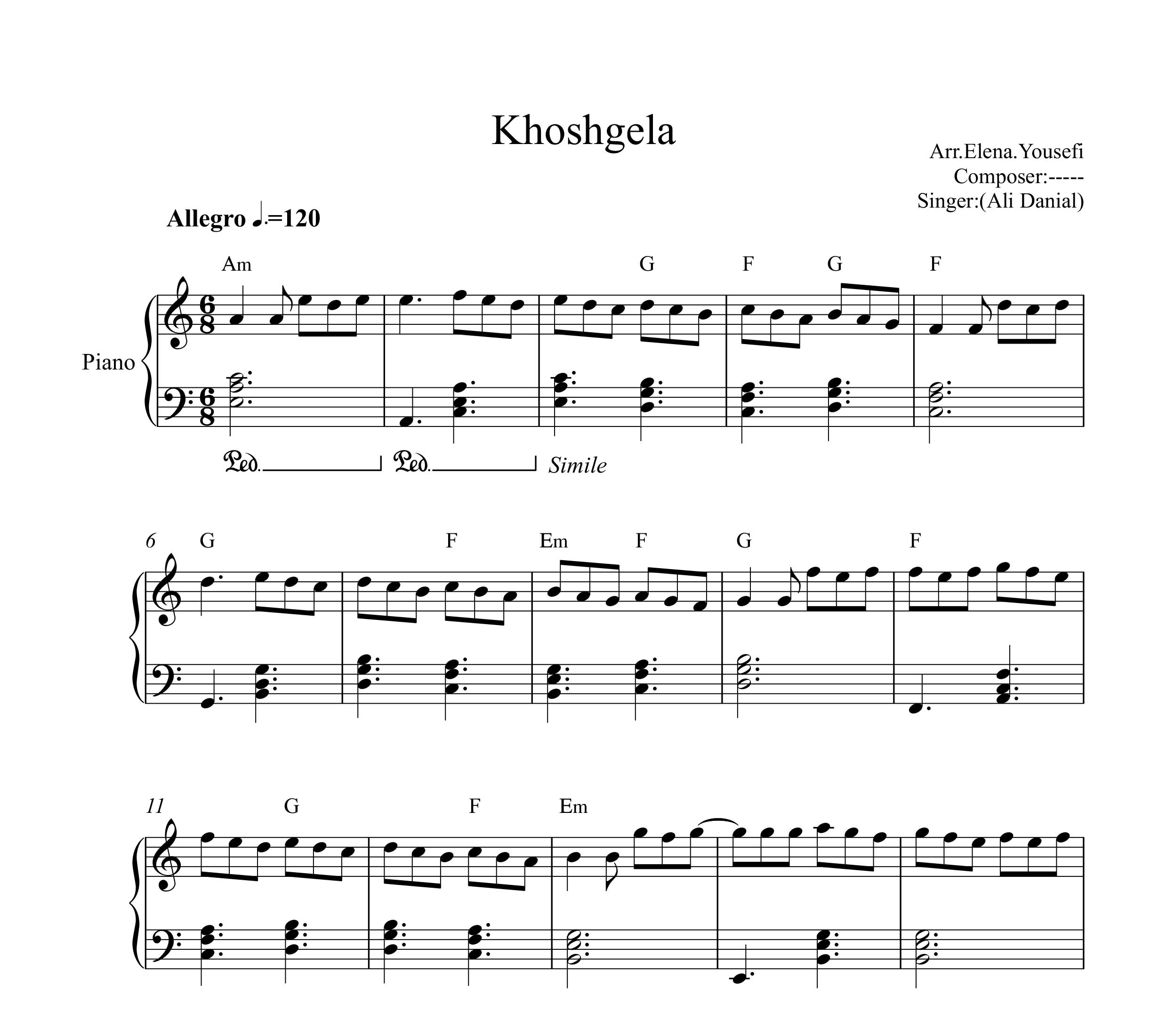 نت پیانو خوشگلا علی دانیال