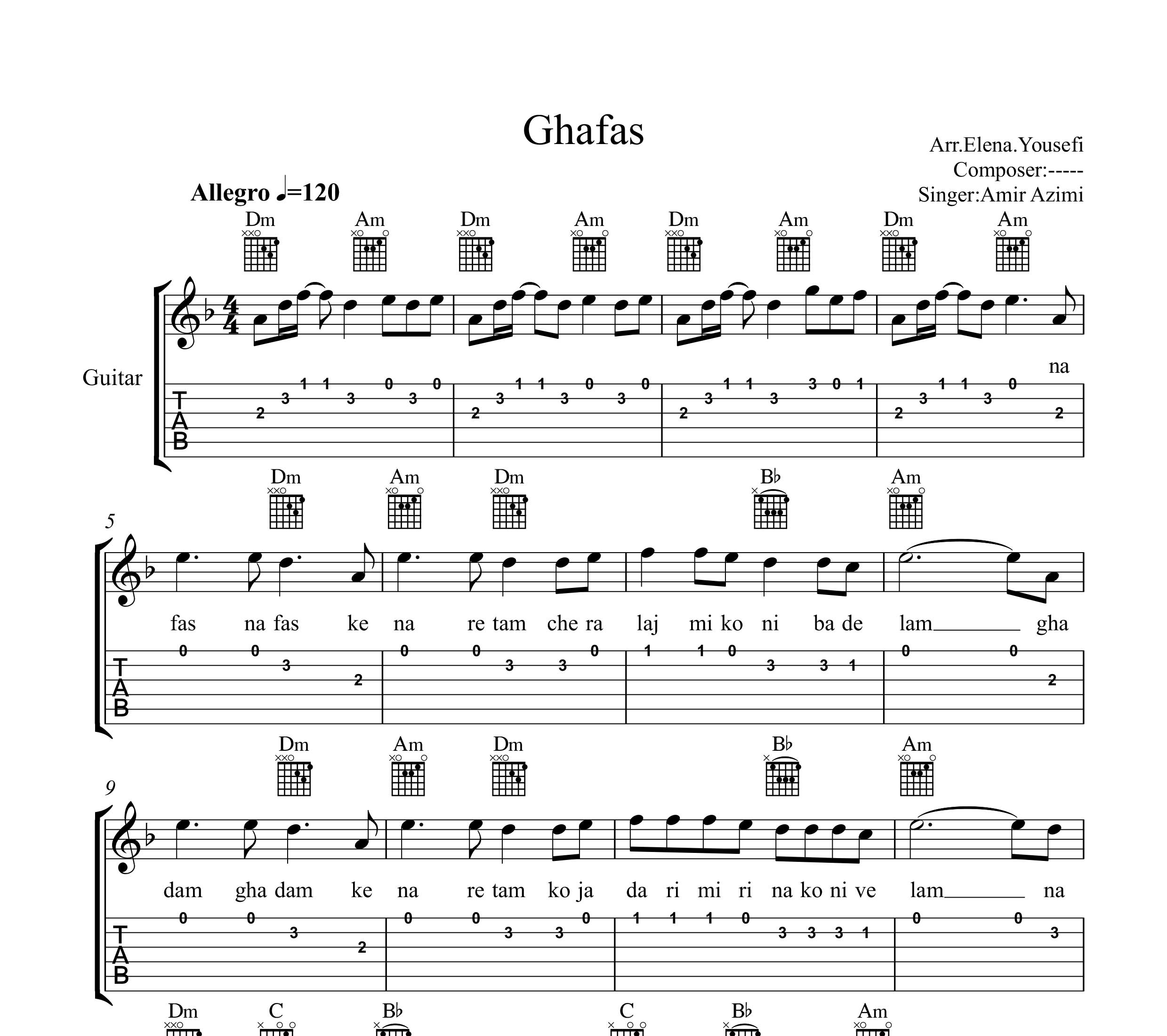 نت گیتار قفس امیر عظیمی به همراه تبلچر و آکورد