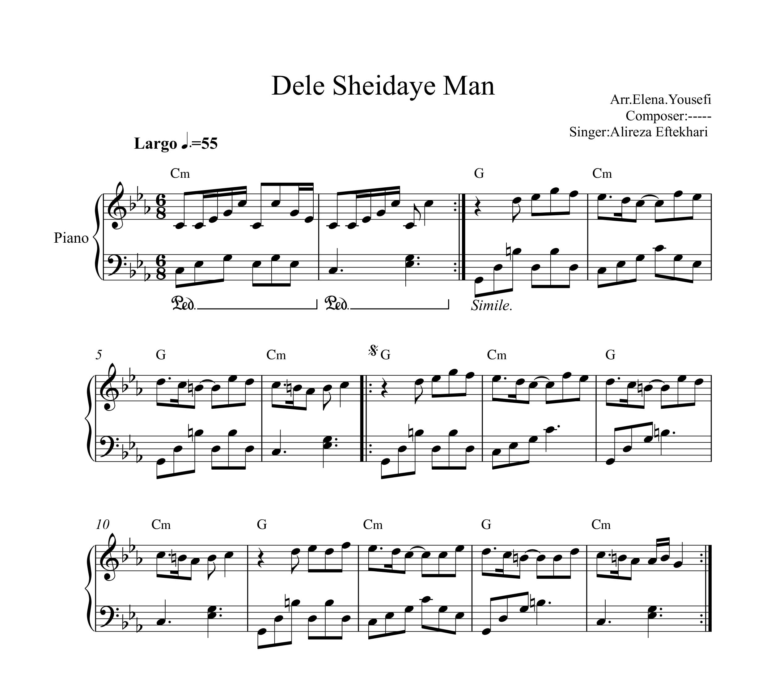 نت پیانو دل شیدای من علیرضا افتخاری