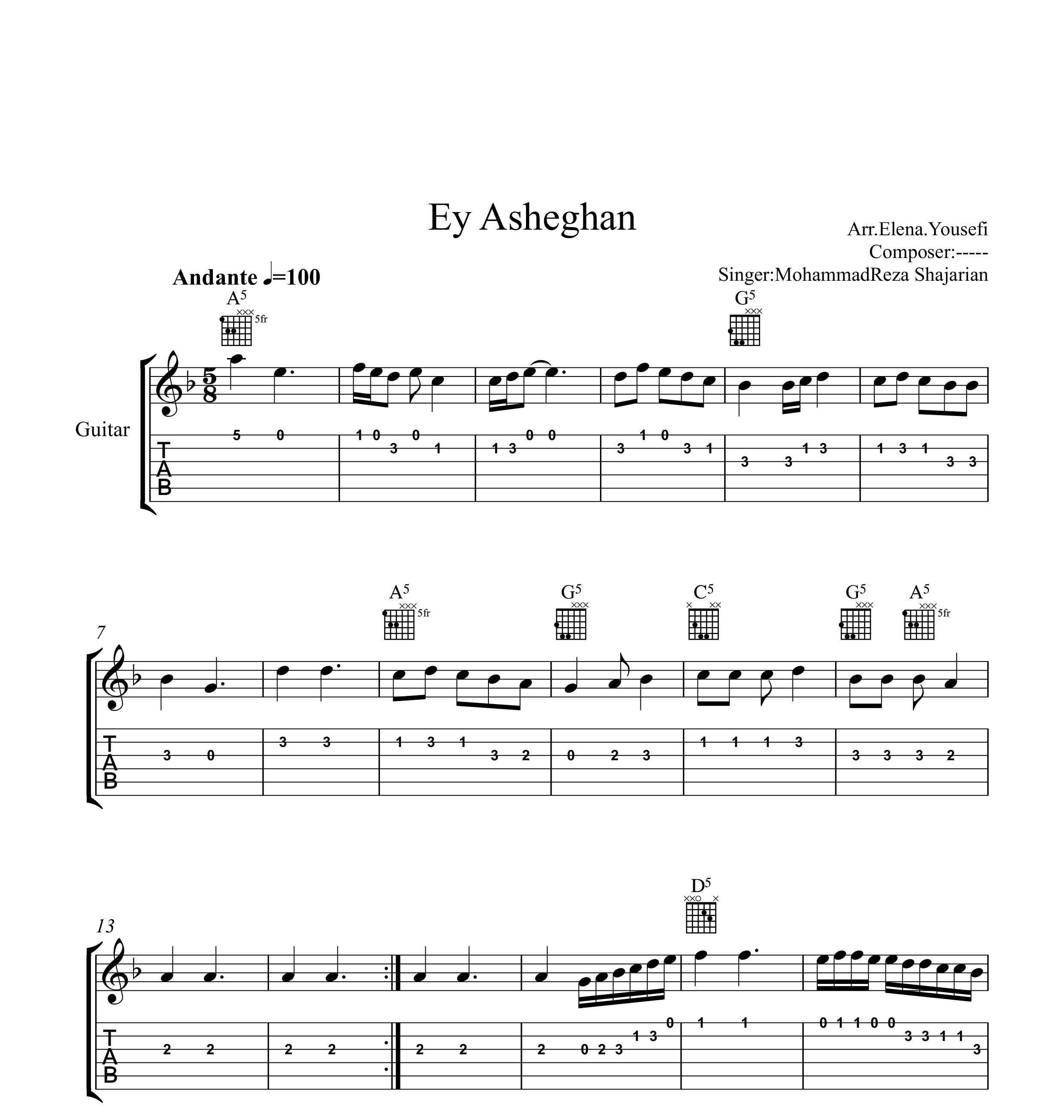 نت گیتار ای عاشقان محمدرضا شجریان به همراه تبلچر و آکورد