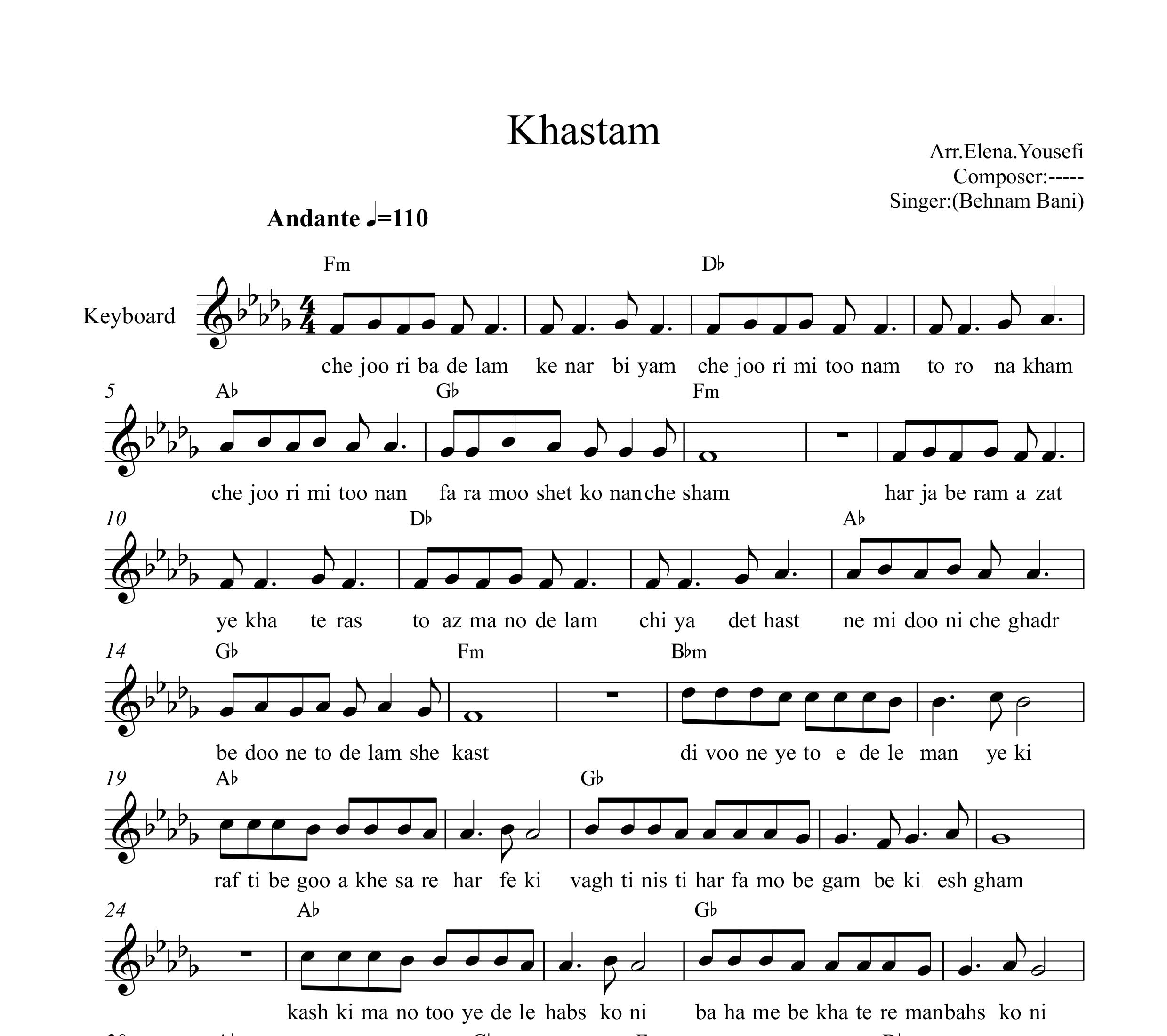 نت کیبورد خستم بهنام بانی به همراه آکورد
