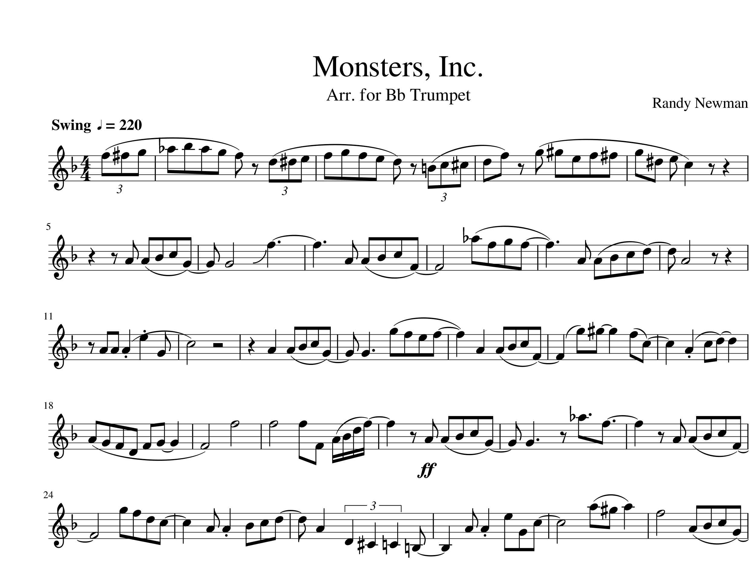 نت موسیقی انیمیشن کارخانه هیولاها Monsters Inc برای ترومپت