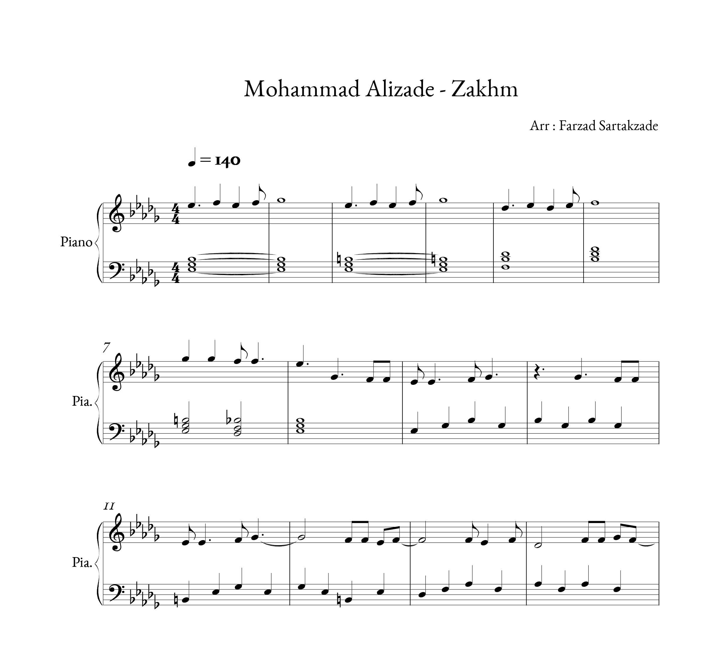 نت پیانو آهنگ زخم از محمد علیزاده