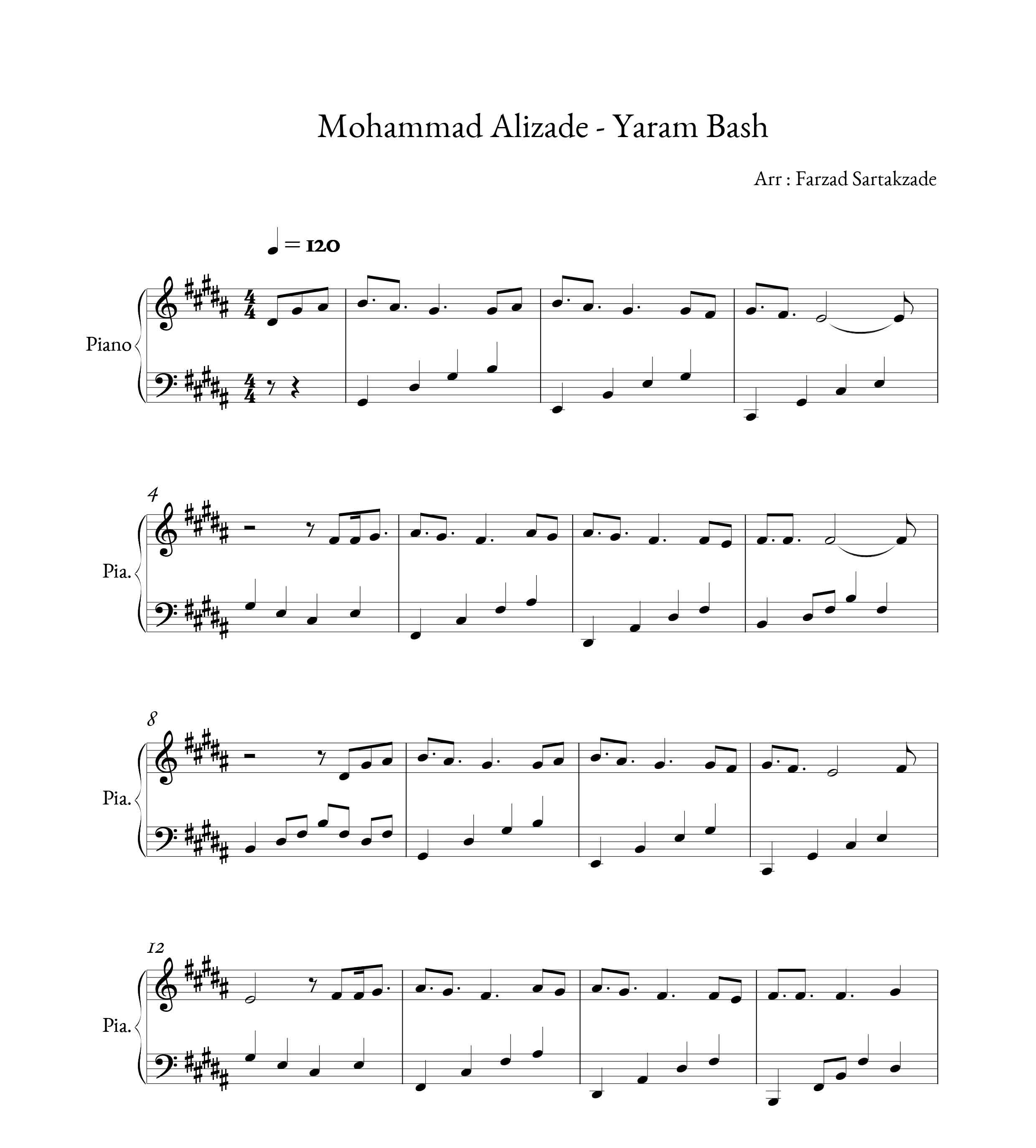 نت پیانو آهنگ یارم باش از محمد علیزاده
