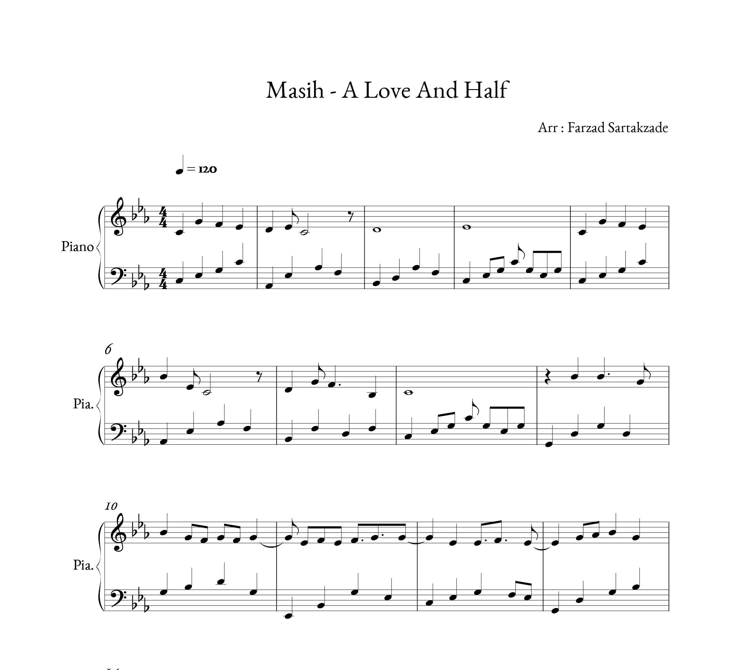 نت پیانوی آهنگ A love and half ( یک عشق و نصف ) از مسیح