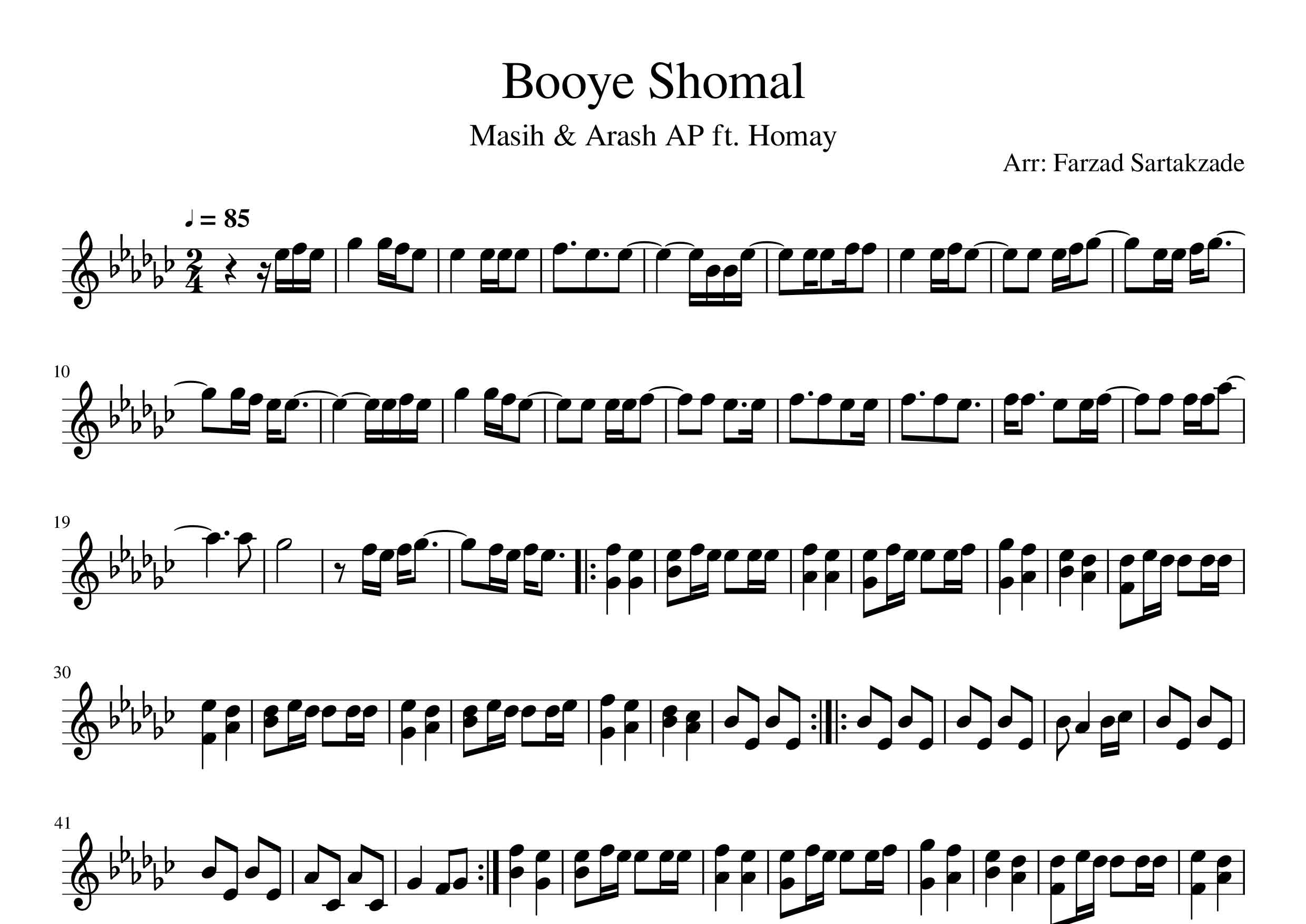 نت ویولن بوی شمال از مسیح  و آرش ap و پرواز همای