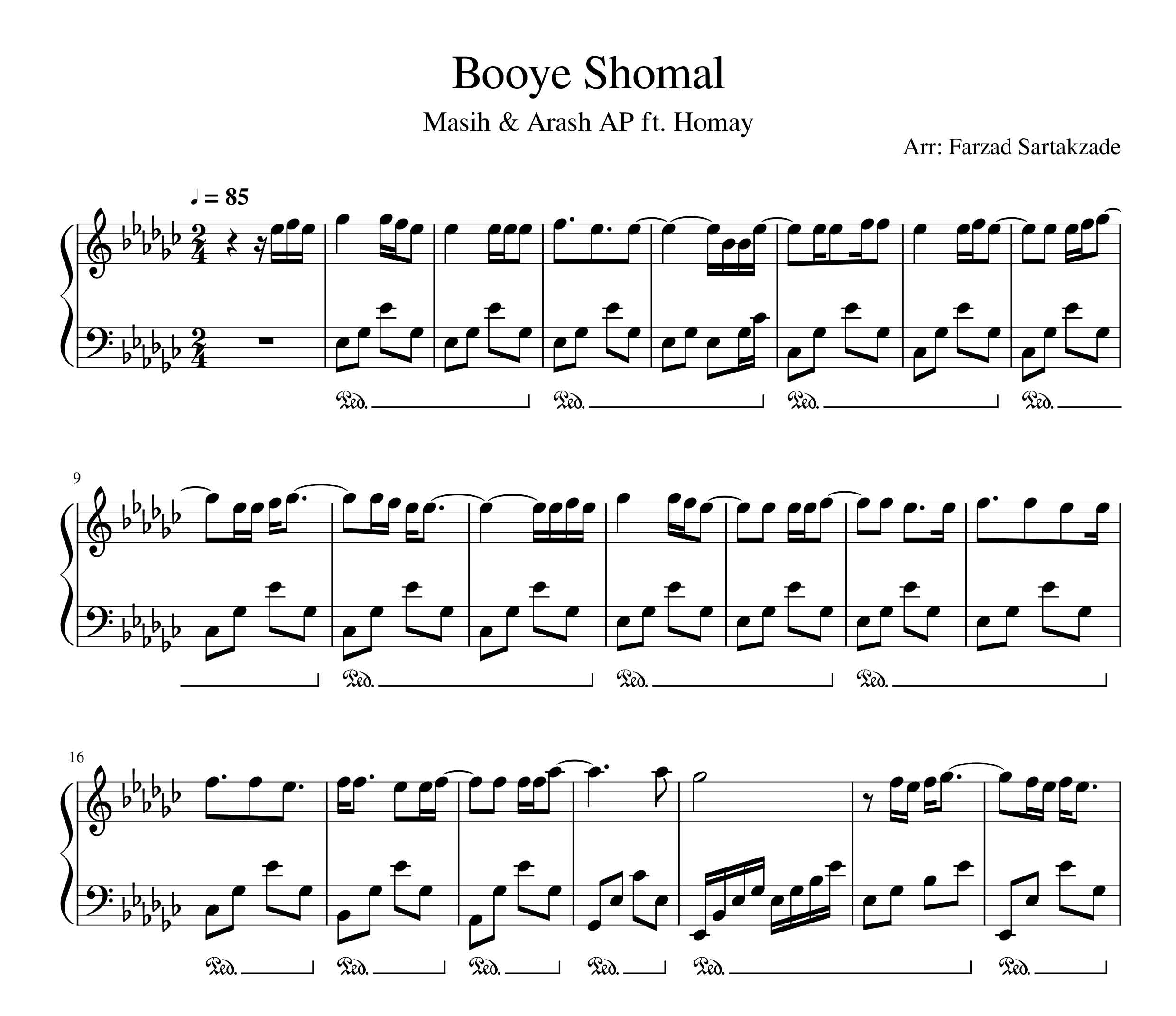 نت پیانو بوی شمال از مسیح و آرش ای پی و پرواز همای