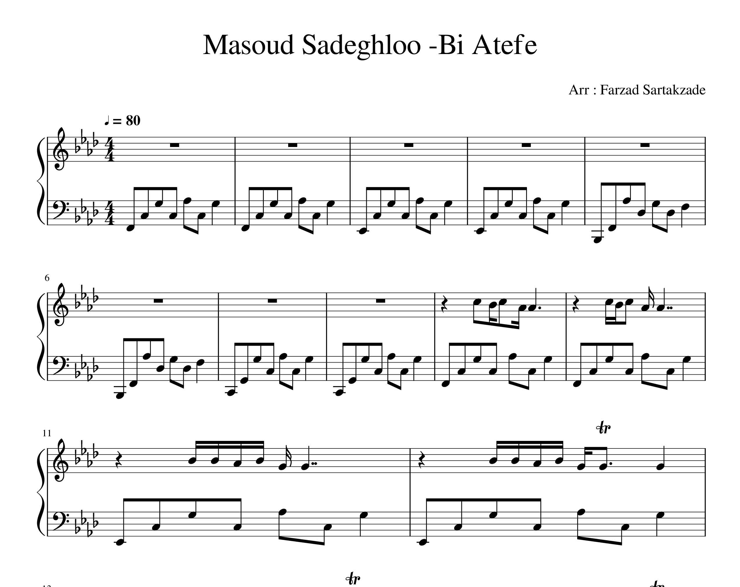نت پیانو آهنگ بی عاطفه از مسعود صادقلو