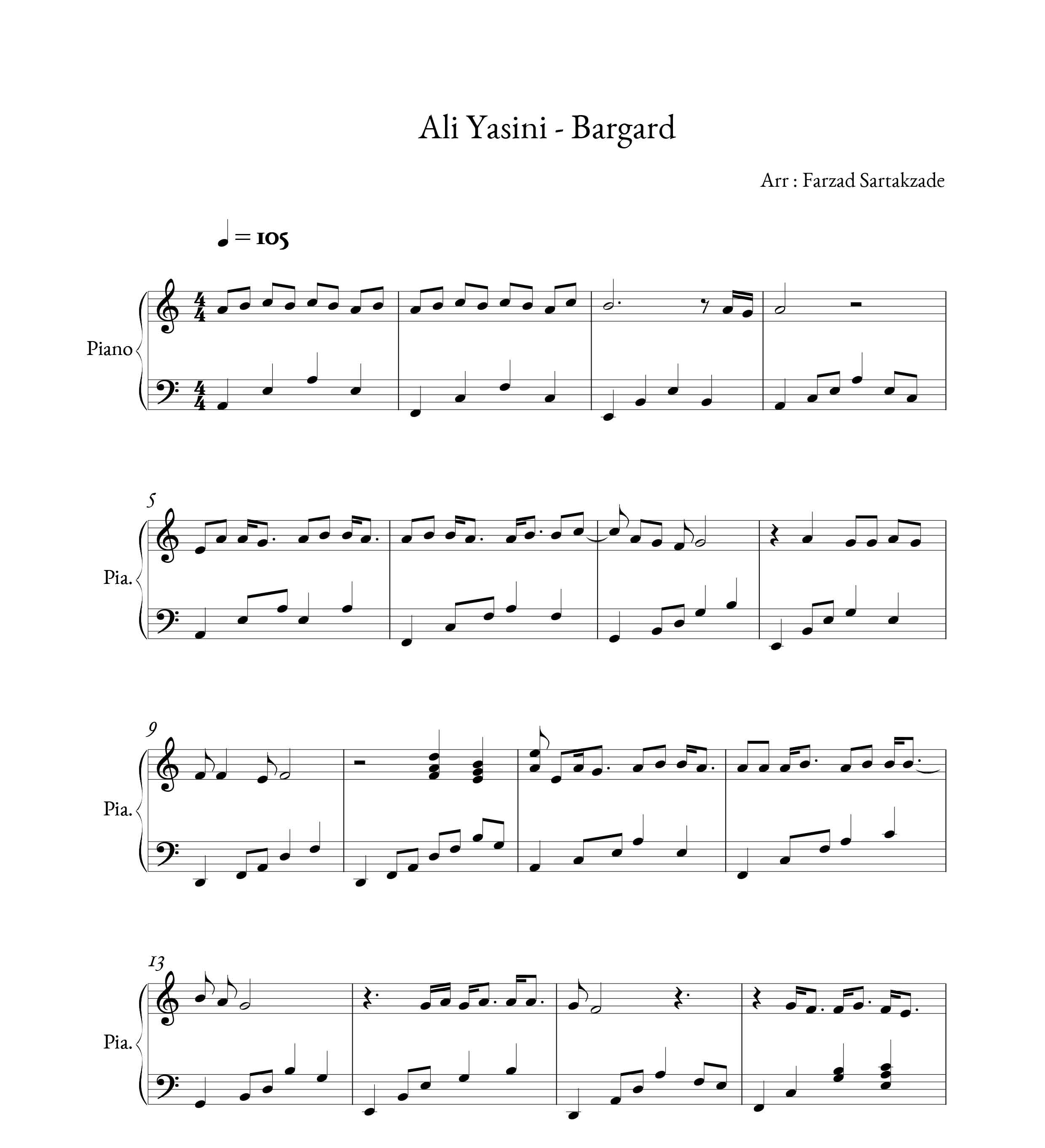 نت پیانو آهنگ برگرد از علی یاسینی
