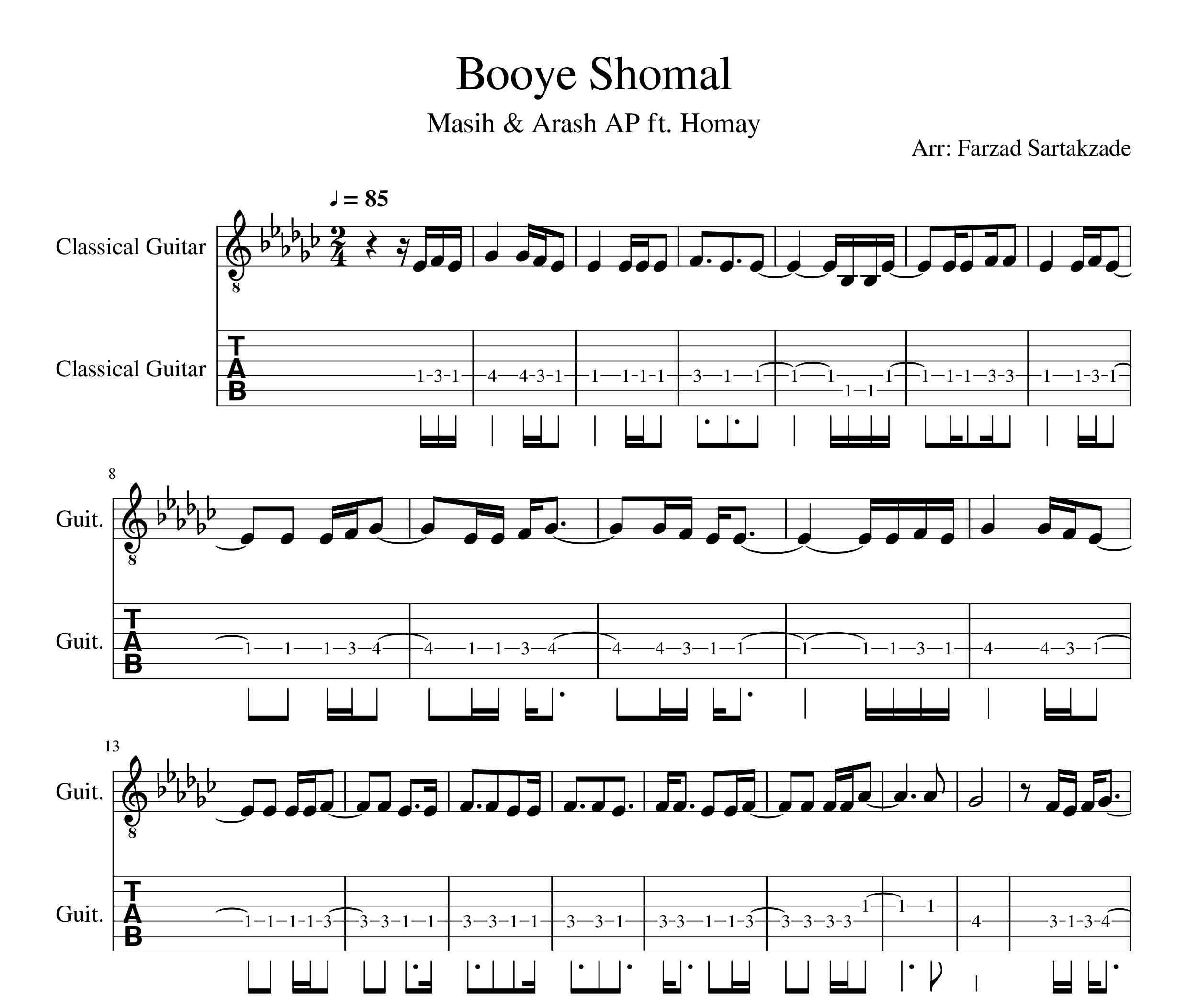 نت و تبلچر گیتار آهنگ بوی شمال از مسیح و آرش ای پی و پرواز همای