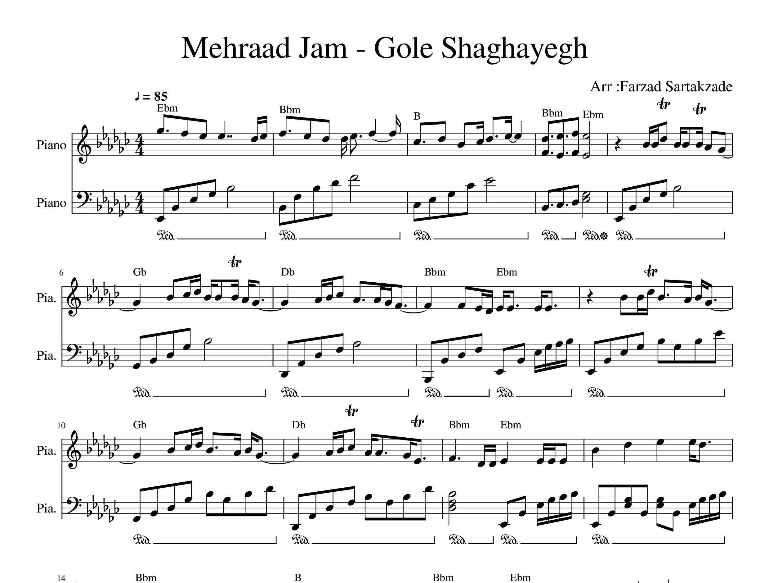 نت پیانو آهنگ گل شقایق از مهراد جم همراه با آکورد