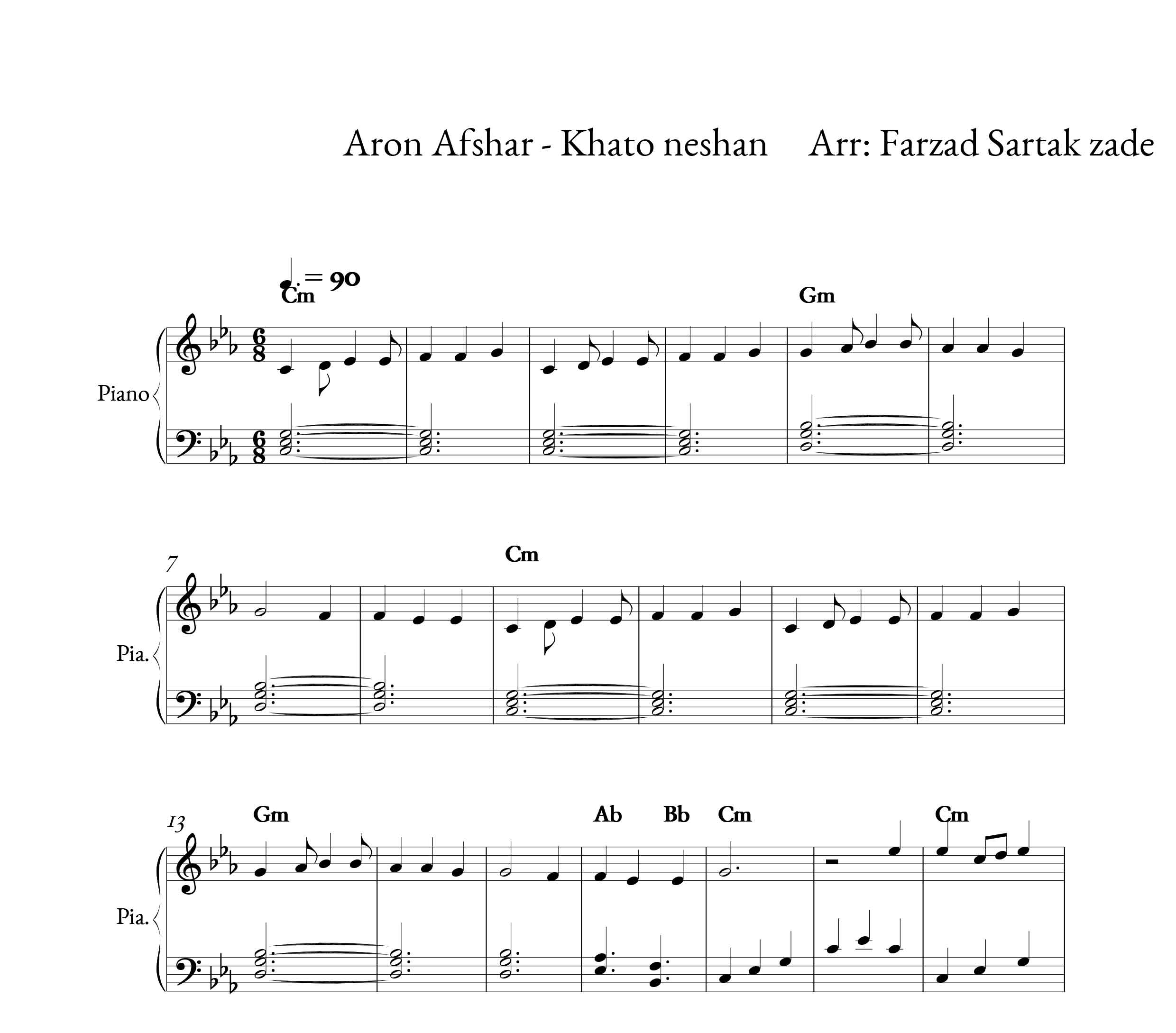 نت پیانوی آهنگ خط و نشان از آرون افشار به همراه آکورد