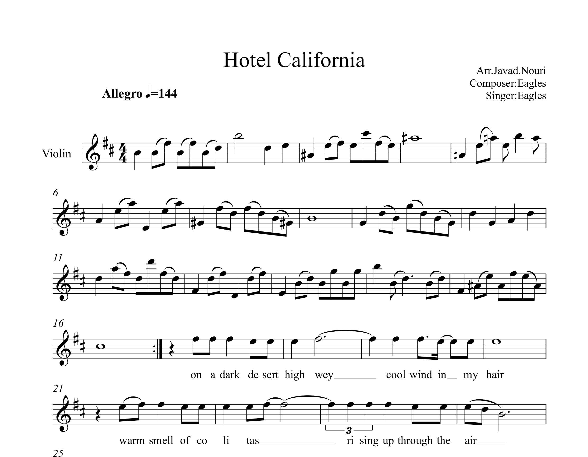 نت ویولن آهنگ هتل کالیفرنیا